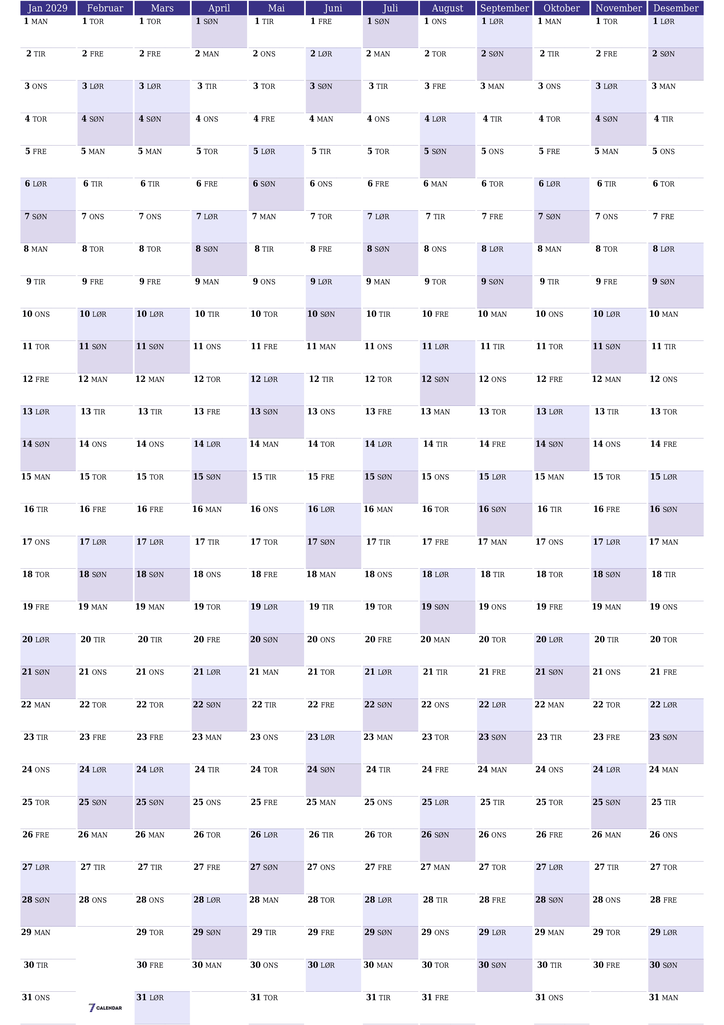 Tom årlig planleggerkalender for året 2029 med notater, lagre og skrive ut i PDF PNG Norwegian