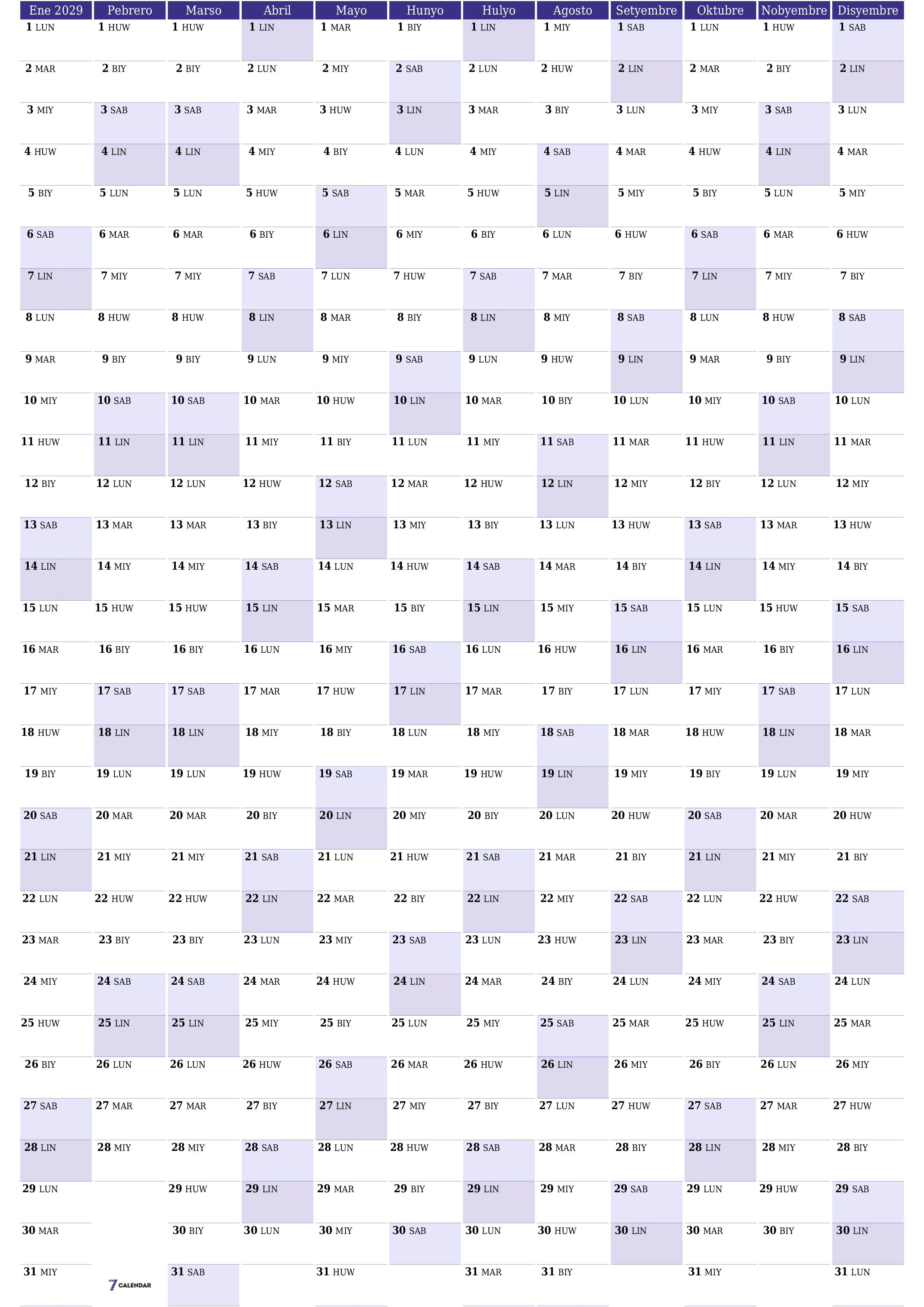 Walang laman ang taunang kalendaryo ng tagaplano para sa taong 2029 na may mga tala, i-save at i-print sa PDF PNG Filipino