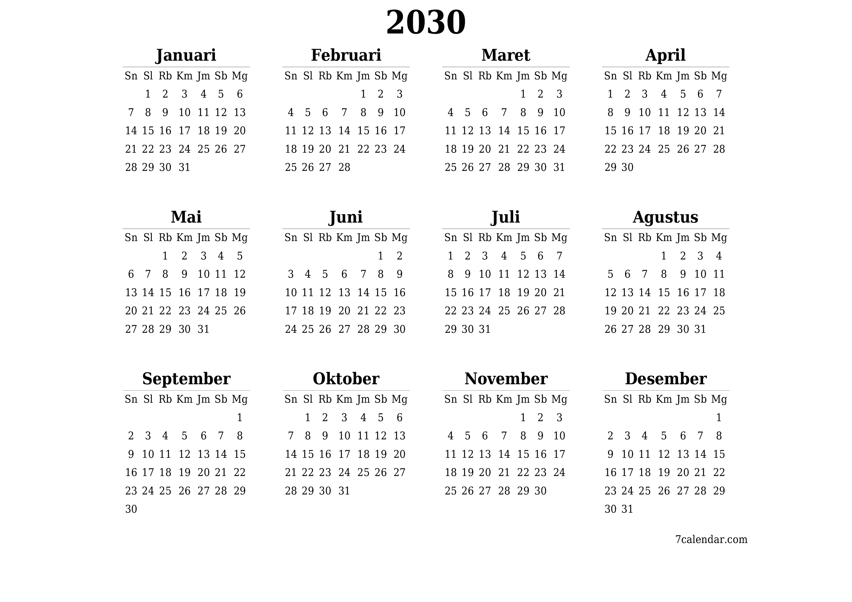 Kosongkan kalender perencana tahunan untuk tahun ini 2030 dengan catatan, simpan dan cetak ke PDF PNG Indonesian