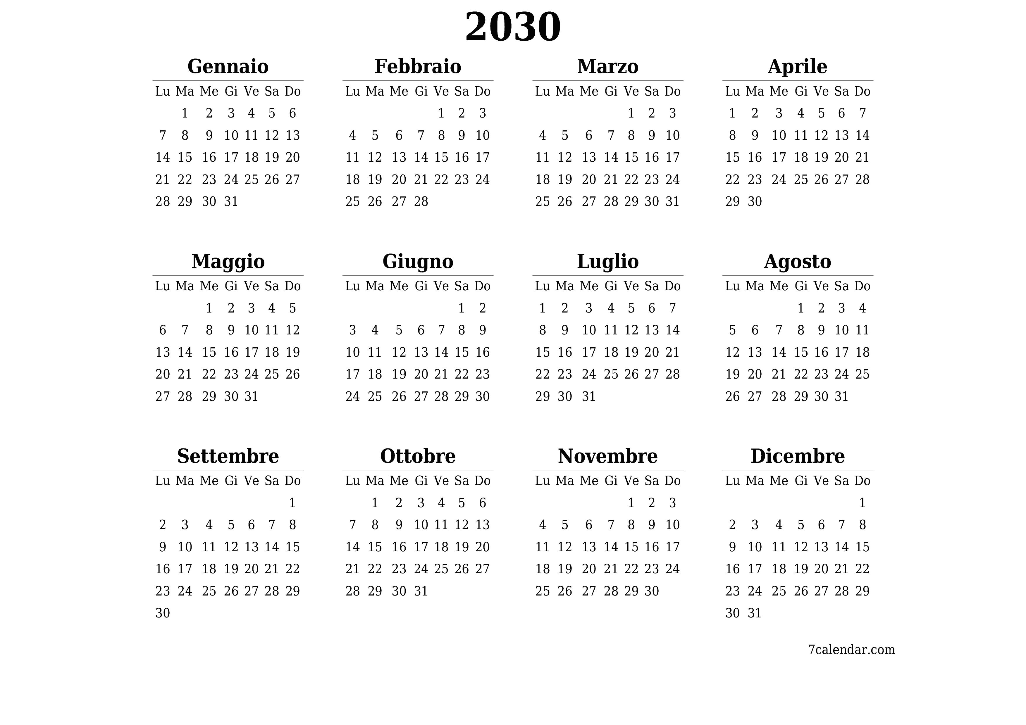 Calendario pianificatore annuale vuoto per l'anno 2030 con note, salva e stampa in PDF PNG Italian