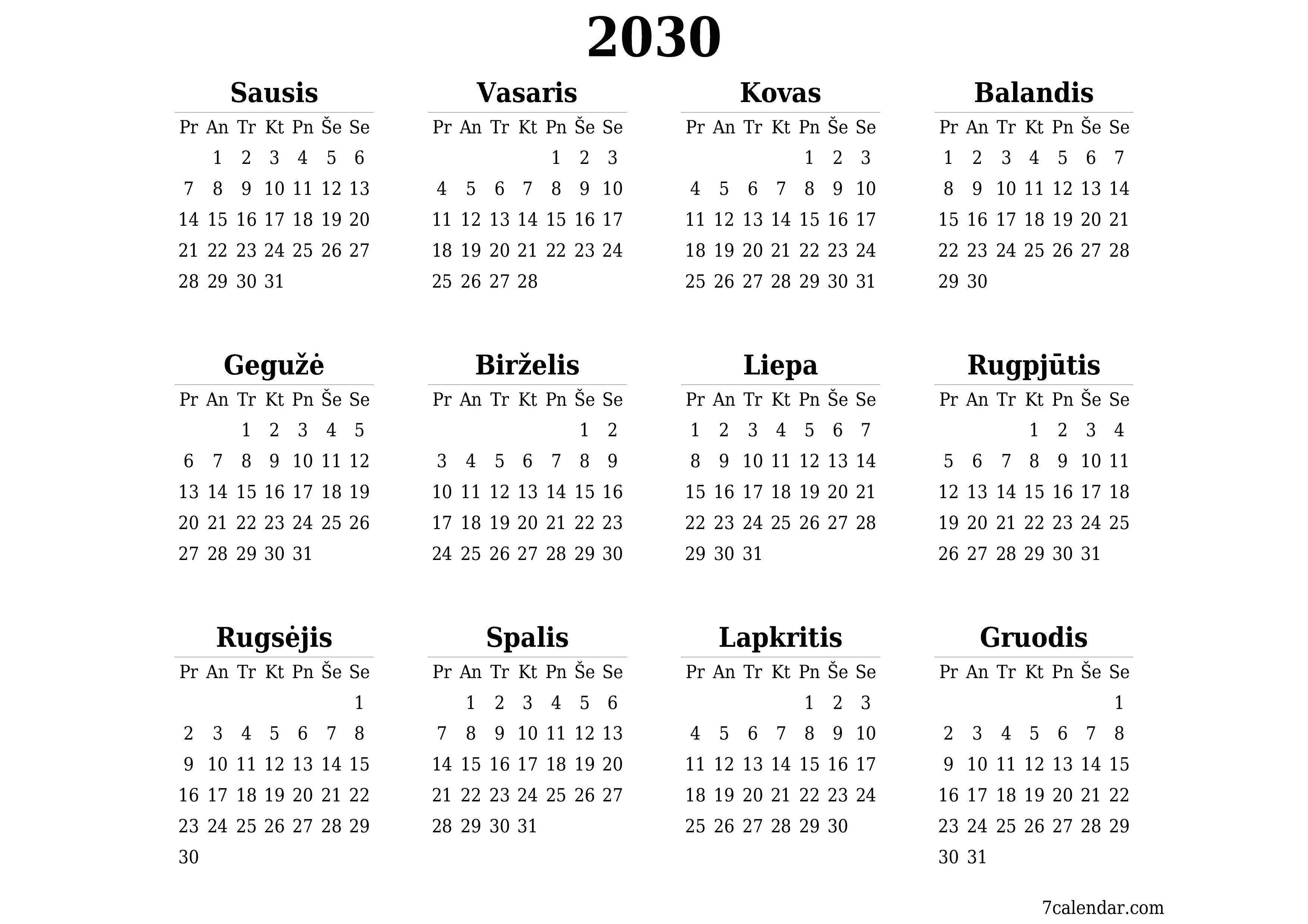 Tuščias metų planavimo kalendorius 2030 su užrašais, išsaugokite ir atsispausdinkite PDF formatu PNG Lithuanian