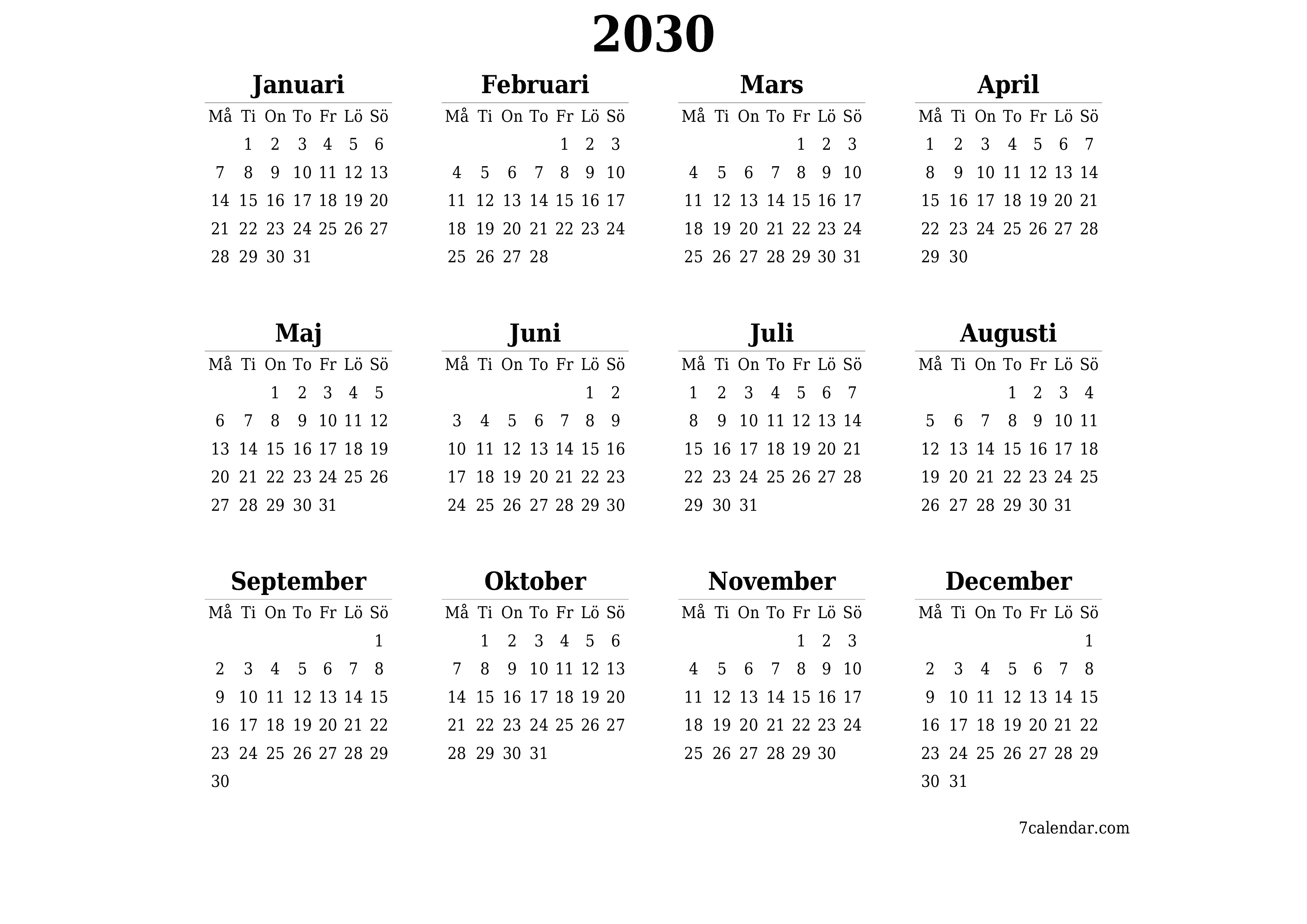 Tom årlig planeringskalender för året 2030 med anteckningar, spara och skriv ut till PDF PNG Swedish