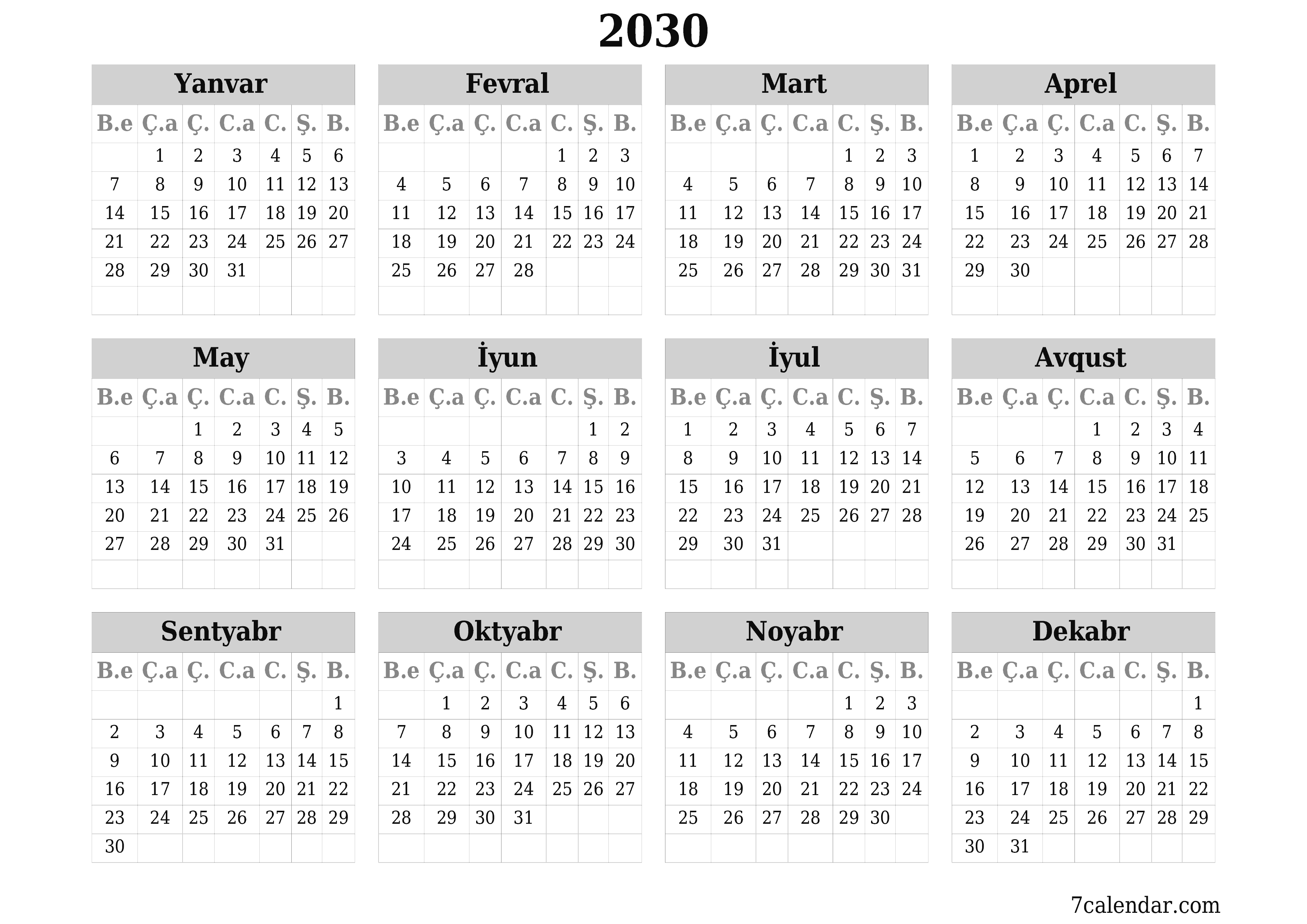 çap edilə bilən divar i şablonu pulsuz üfüqi İllik təqvim May (May) 2030