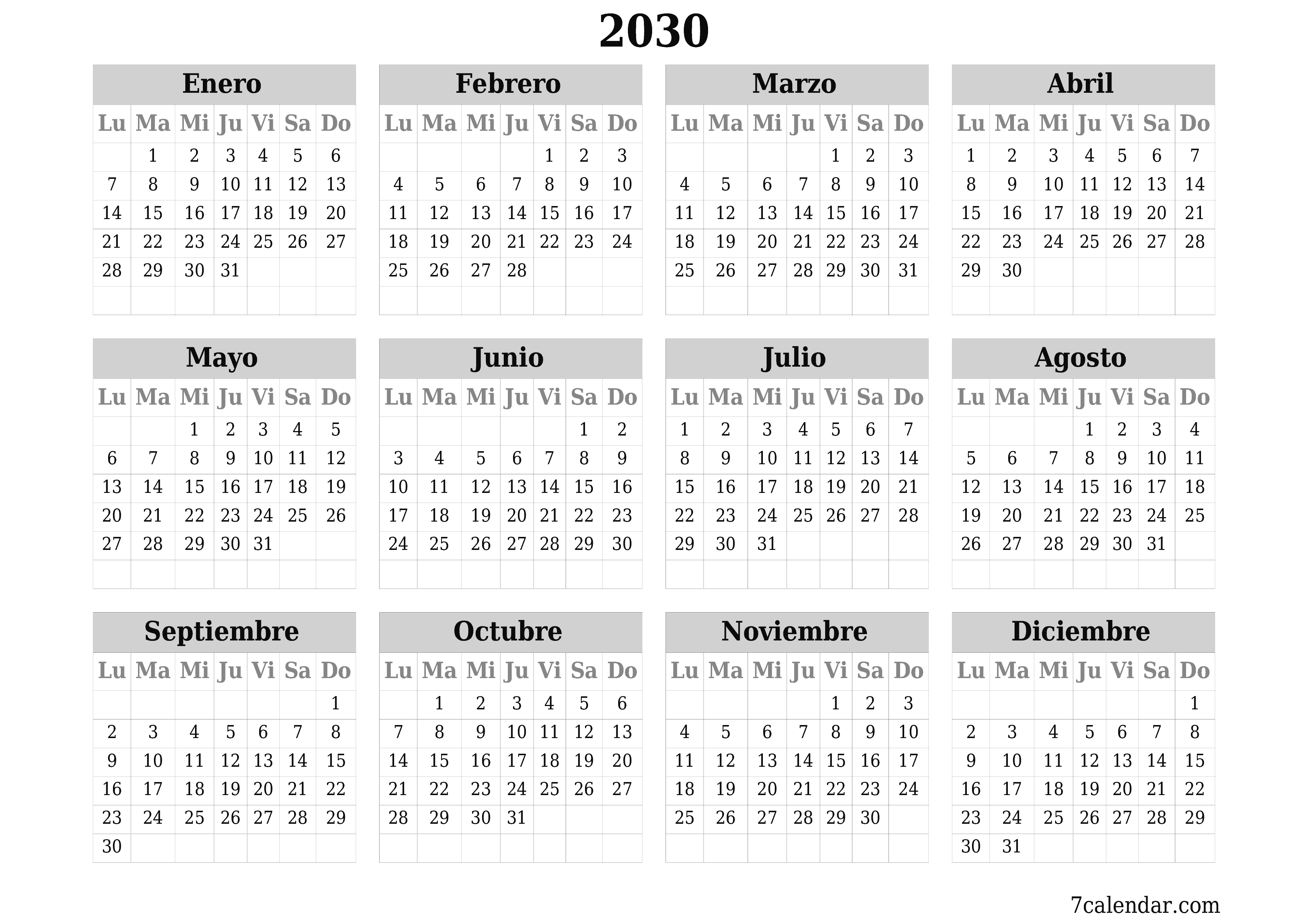 Calendario planificador anual vacío para el año 2030 con notas, guardar e imprimir en PDF PNG Spanish
