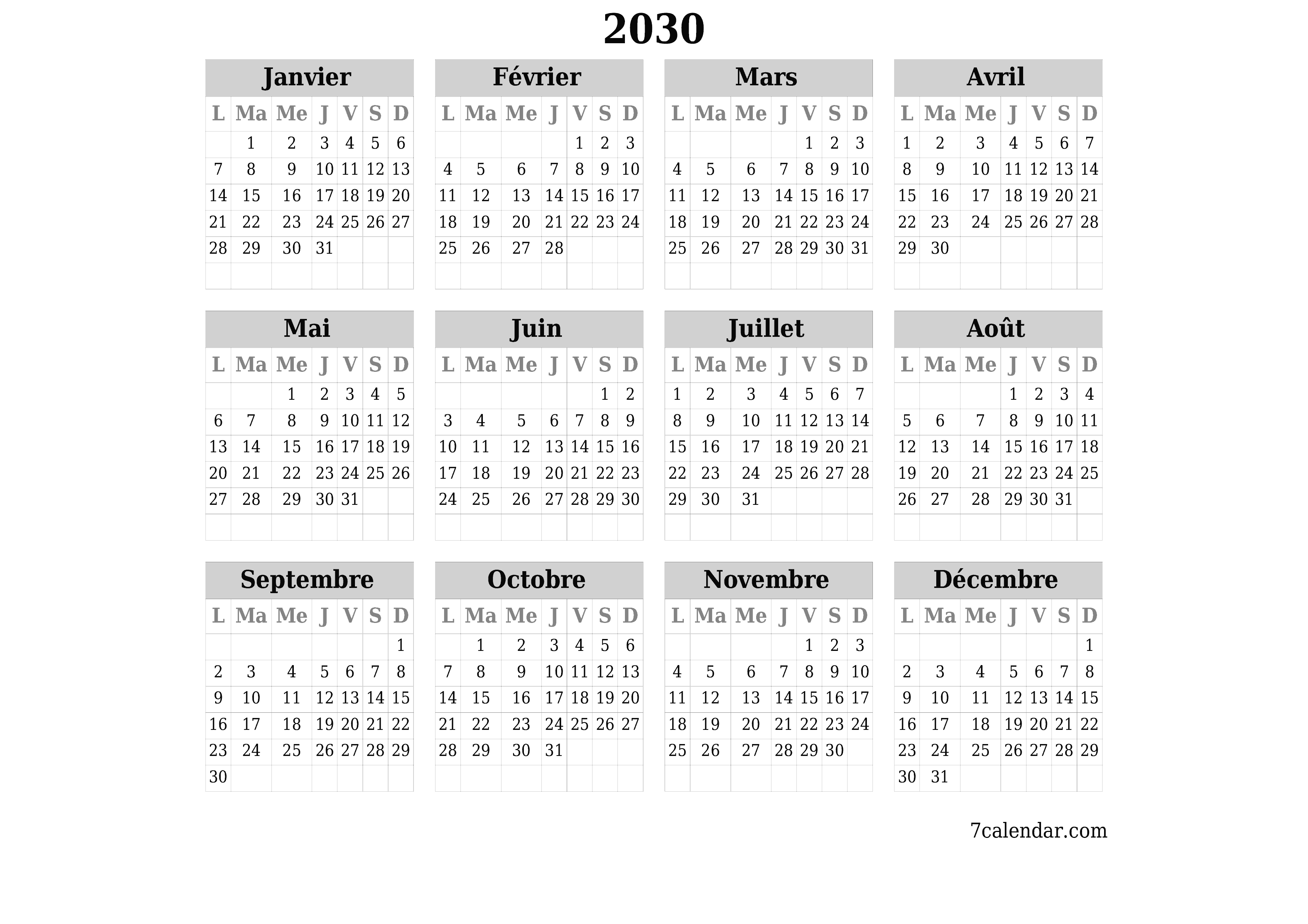 Calendrier annuel vide pour l'année 2030 avec notes, enregistrer et imprimer au format PDF PNG French