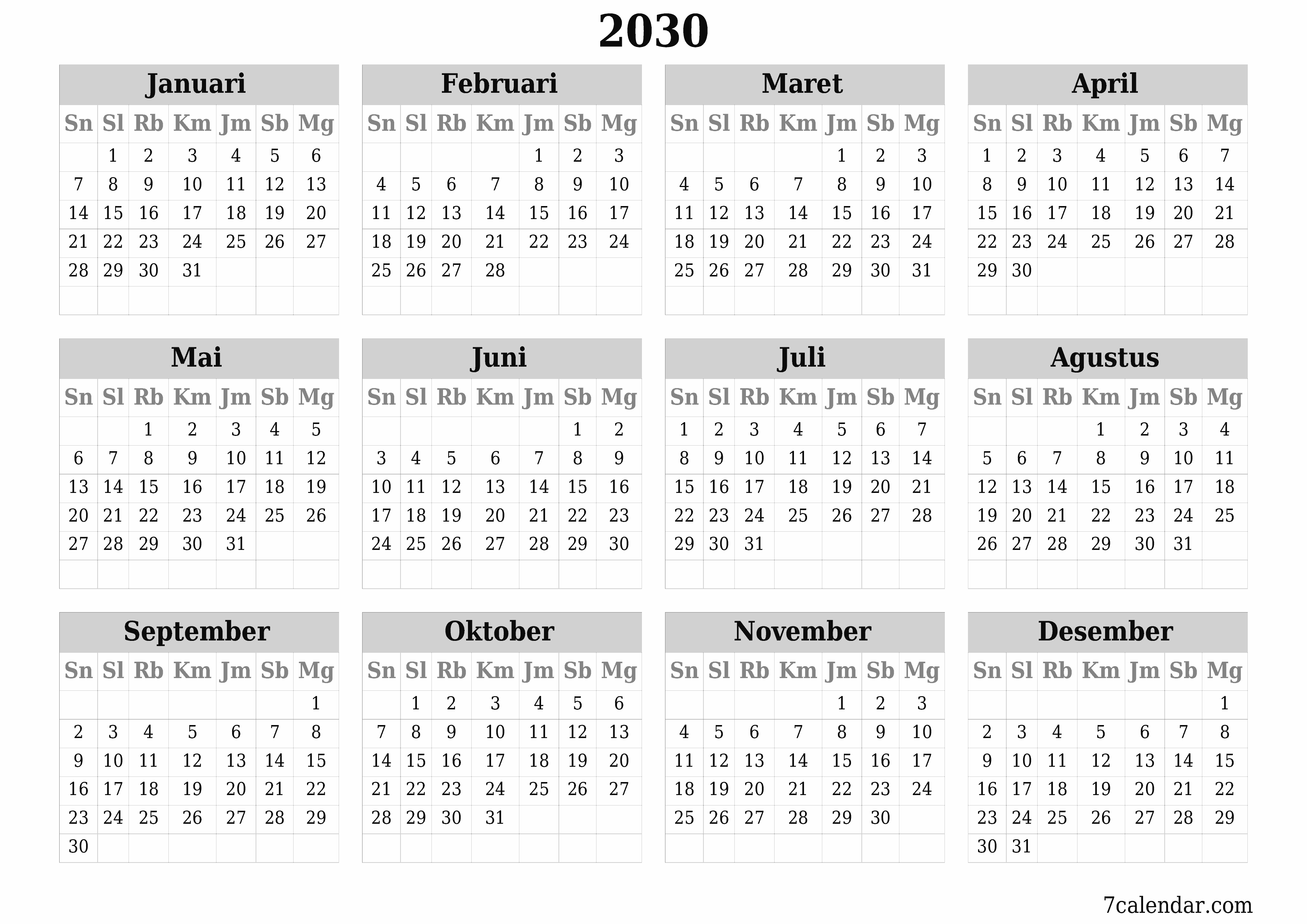 Kosongkan kalender perencana tahunan untuk tahun ini 2030 dengan catatan, simpan dan cetak ke PDF PNG Indonesian