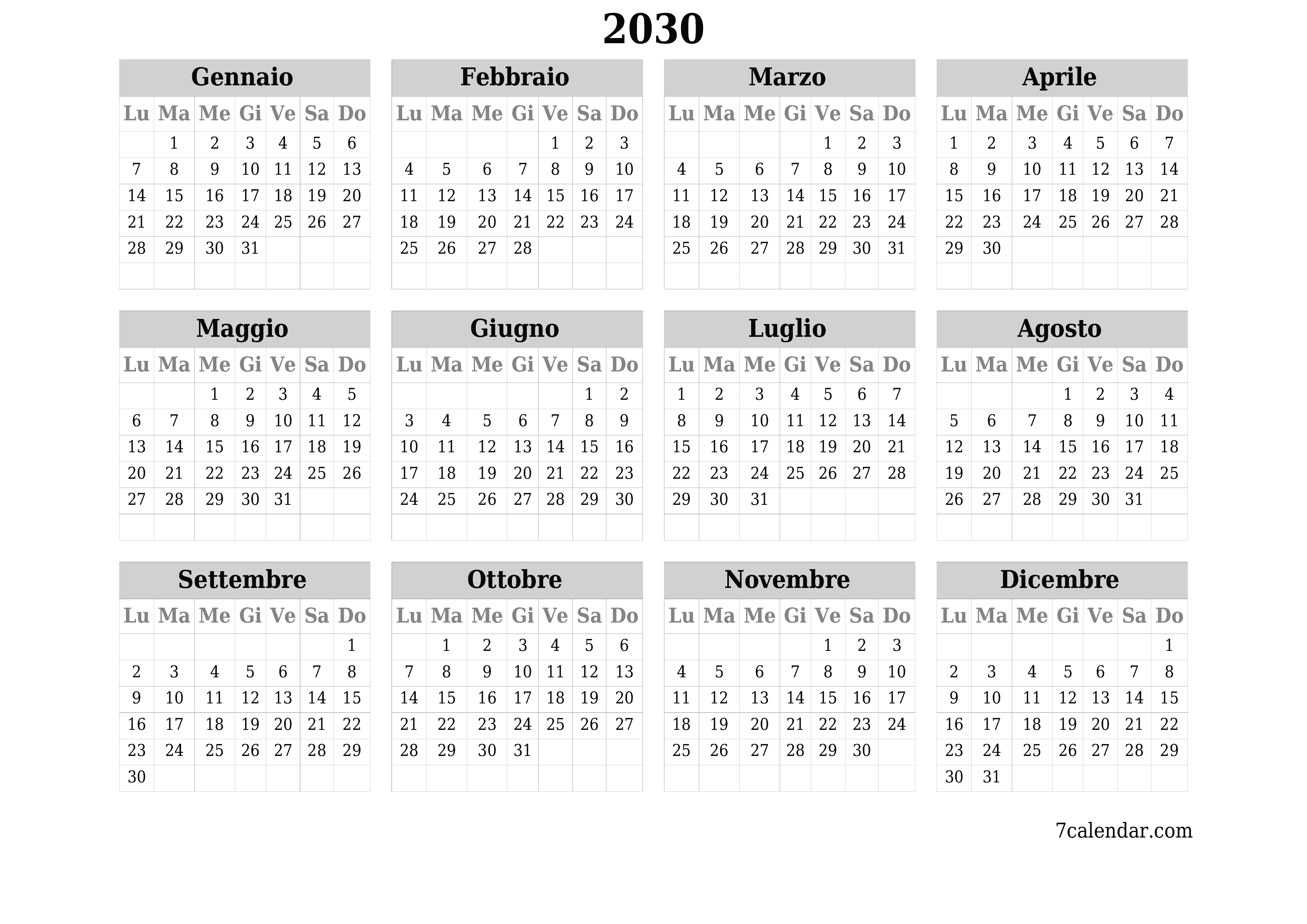  stampabile da parete modello di gratuitoorizzontale Annuale calendario Maggio (Mag) 2030