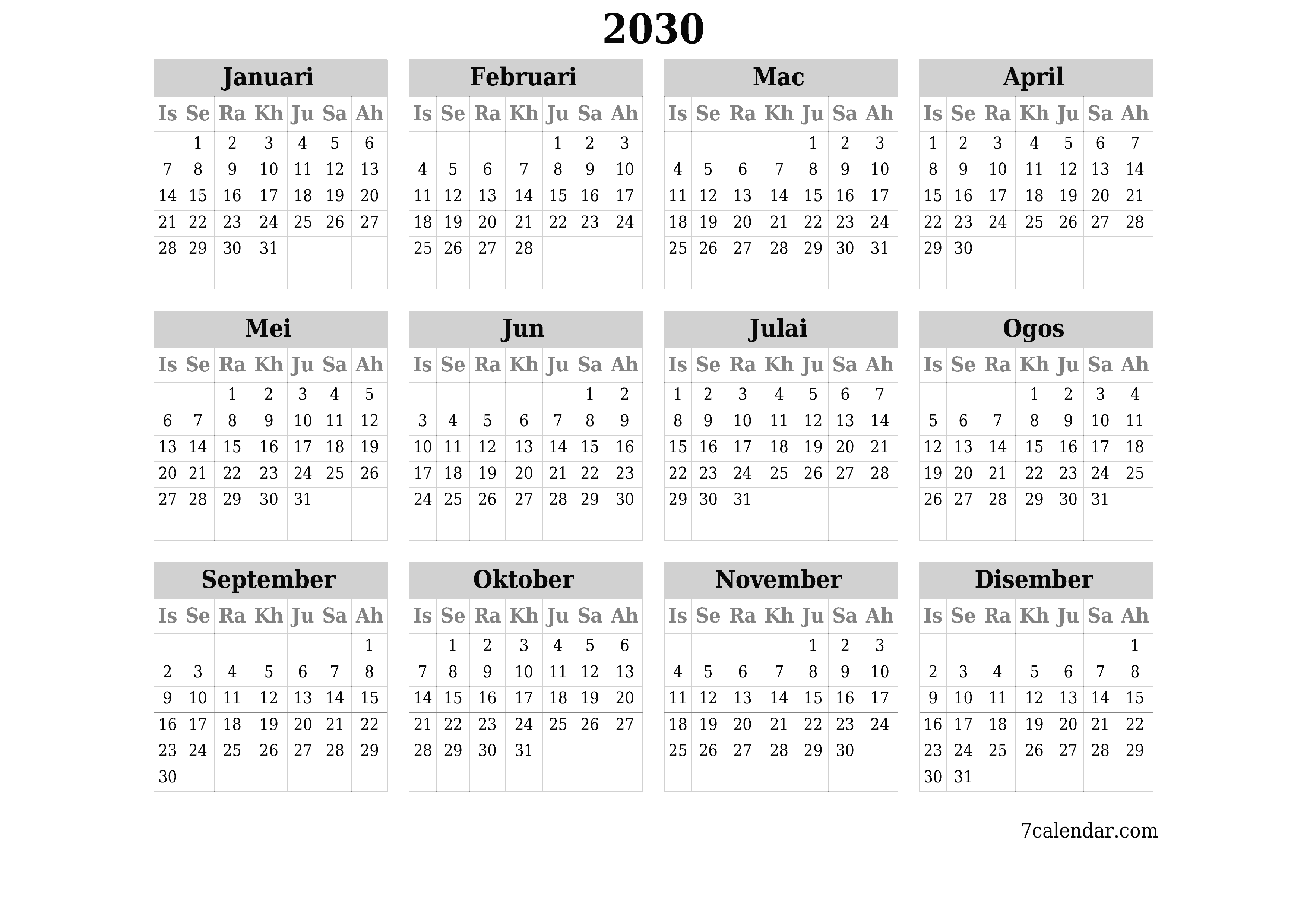 Kalendar perancang tahunan kosong untuk tahun ini 2030 dengan nota, simpan dan cetak ke PDF PNG Malay