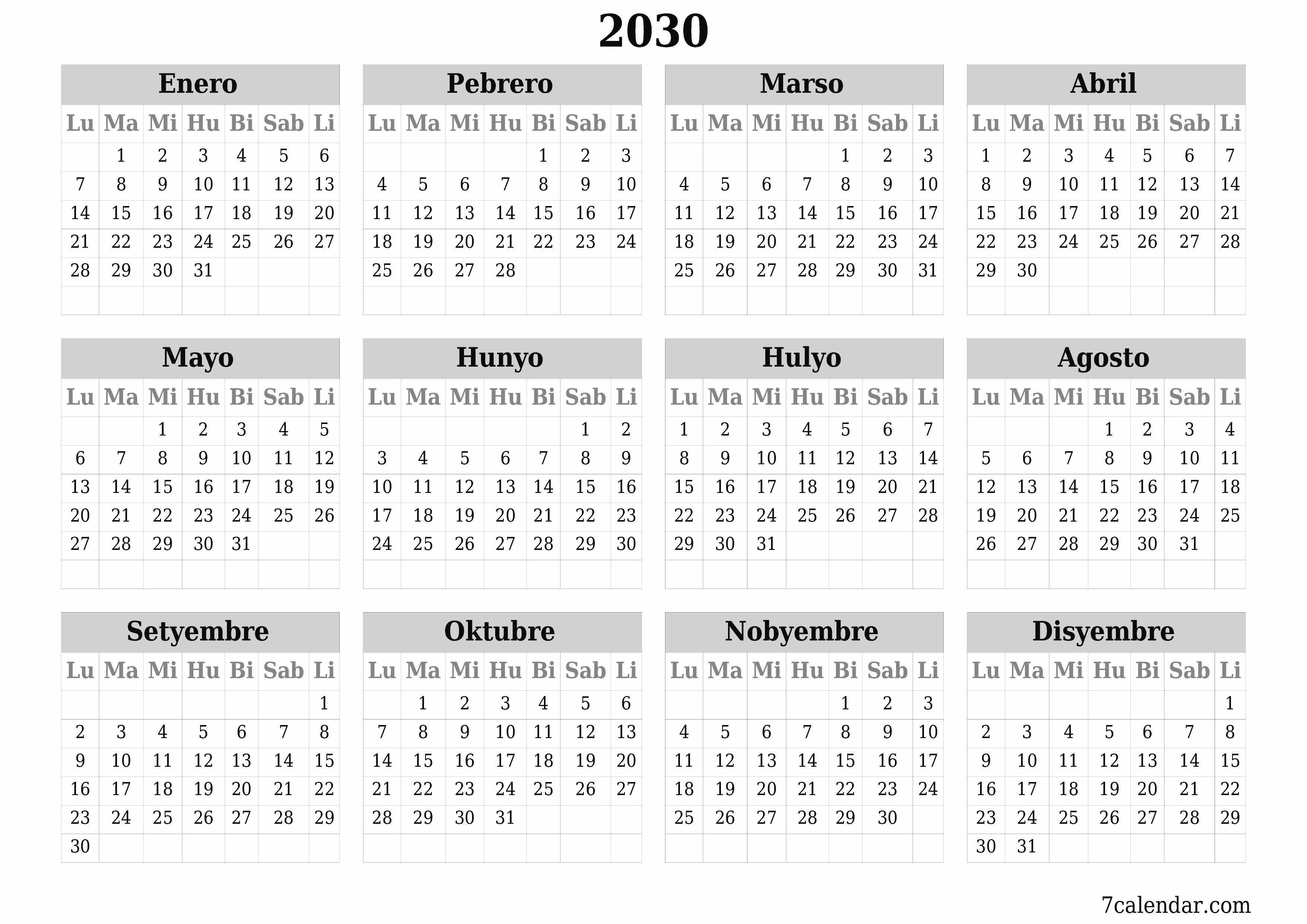 napi-print na sa dingding template ng libreng pahalang Taunan kalendaryo Abril (Abr) 2030