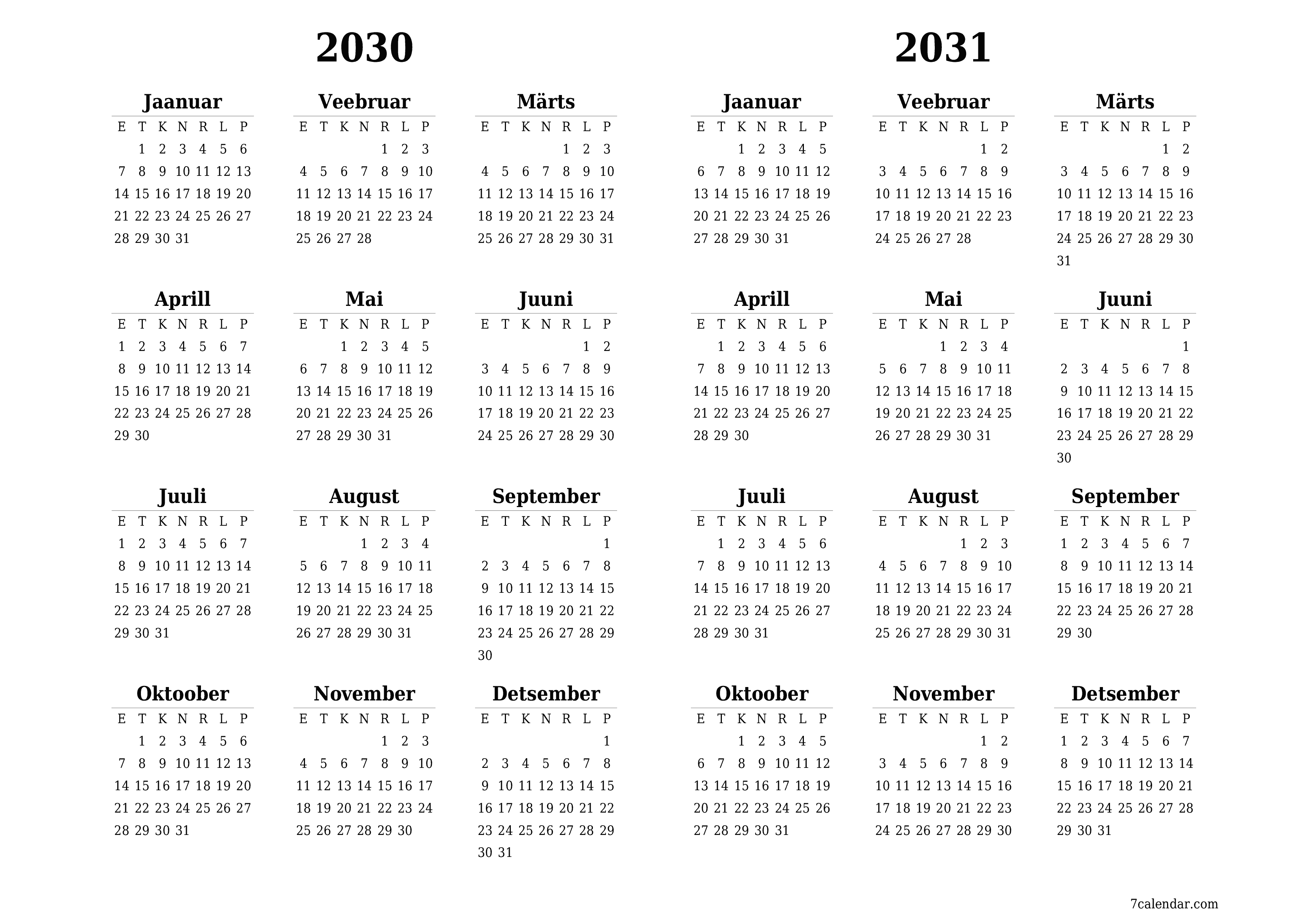 Tühi aasta planeerija kalender aastaks 2030, 2031 koos märkmetega, salvestage ja printige PDF-i PNG Estonian