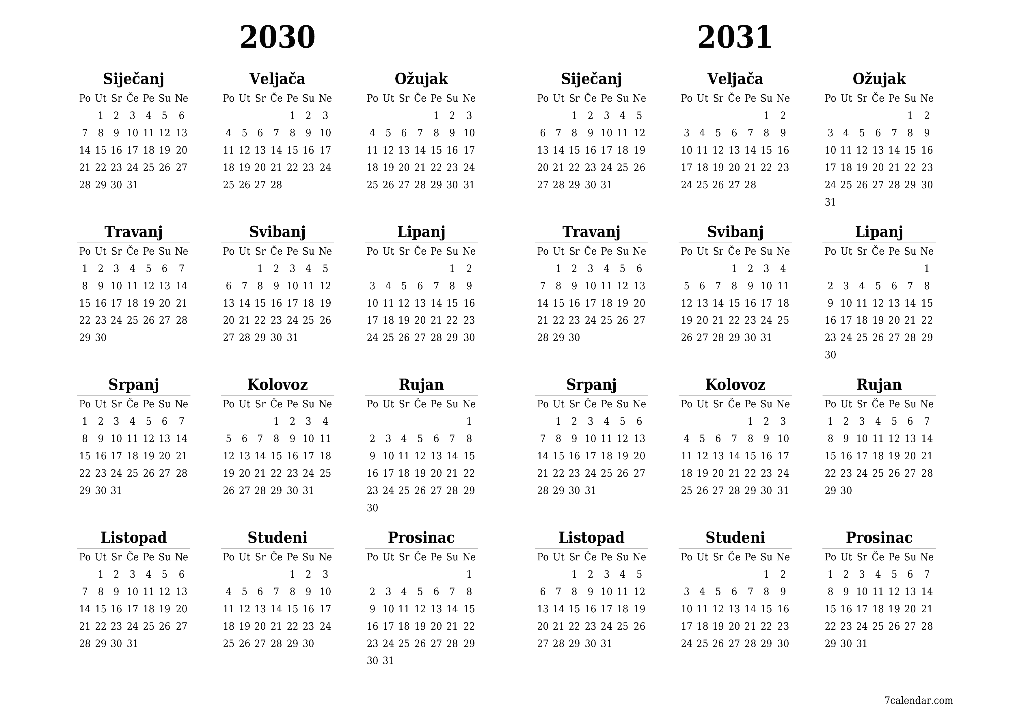 Ispraznite godišnji kalendar planera za godinu 2030, 2031 s bilješkama, spremite i ispišite u PDF PNG Croatian