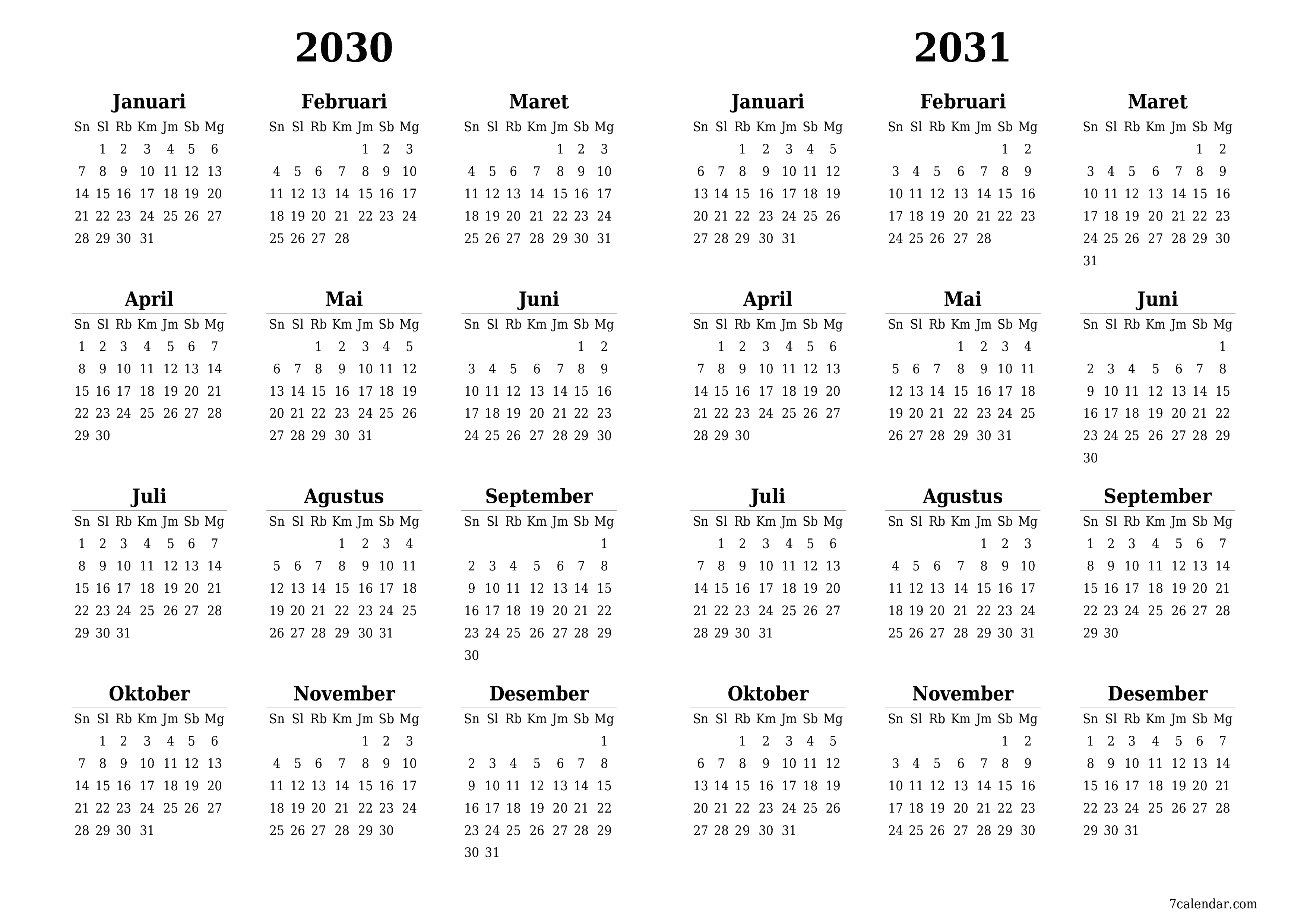 Kosongkan kalender perencana tahunan untuk tahun ini 2030, 2031 dengan catatan, simpan dan cetak ke PDF PNG Indonesian