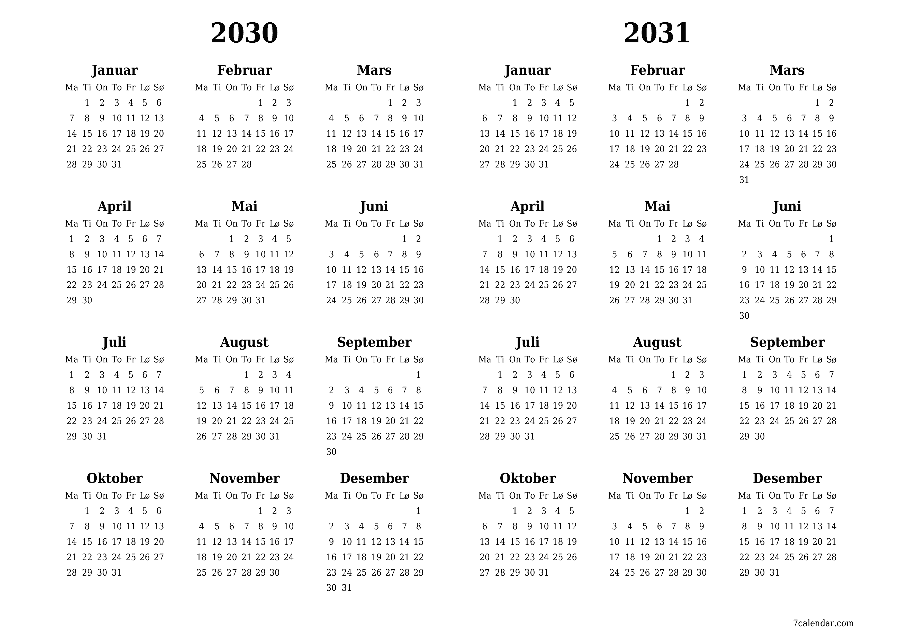 Tom årlig planleggerkalender for året 2030, 2031 med notater, lagre og skrive ut i PDF PNG Norwegian