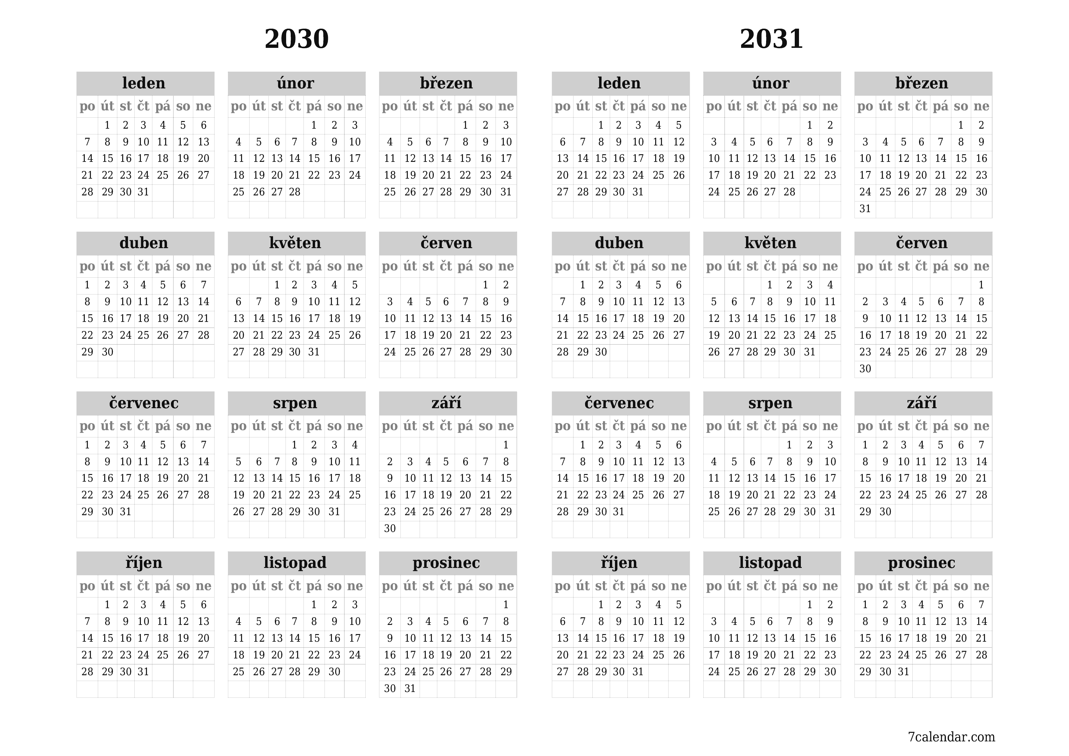 Prázdný roční kalendář plánovače pro rok 2030, 2031 s poznámkami, uložením a tiskem do PDF PNG Czech