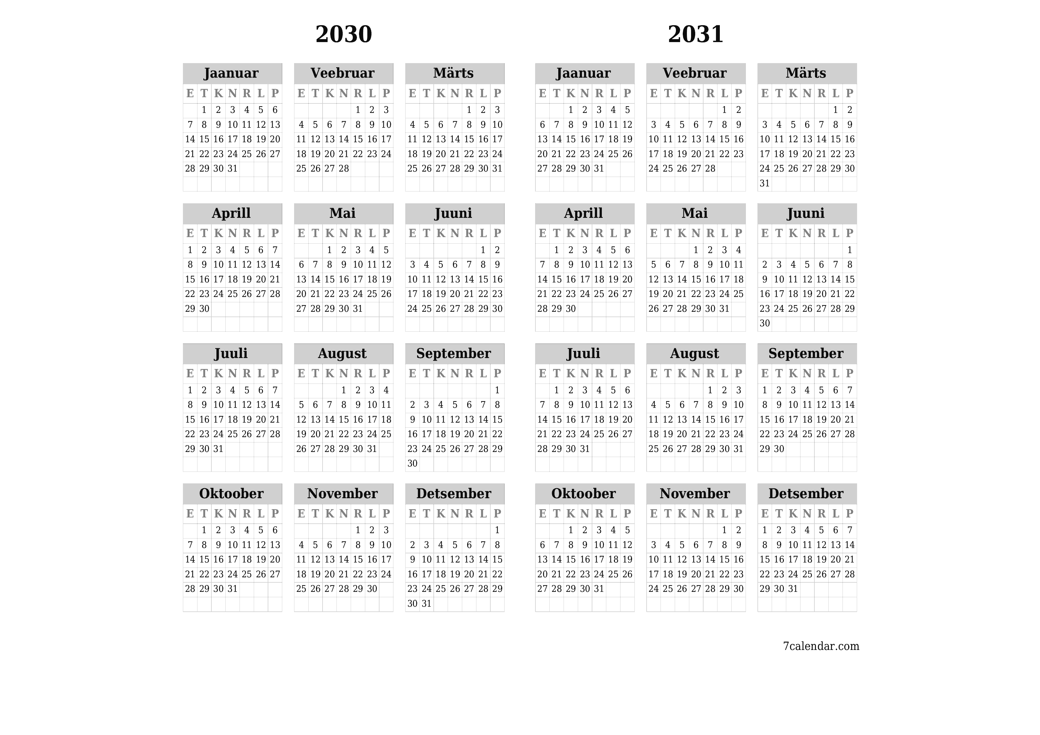 Tühi aasta planeerija kalender aastaks 2030, 2031 koos märkmetega, salvestage ja printige PDF-i PNG Estonian