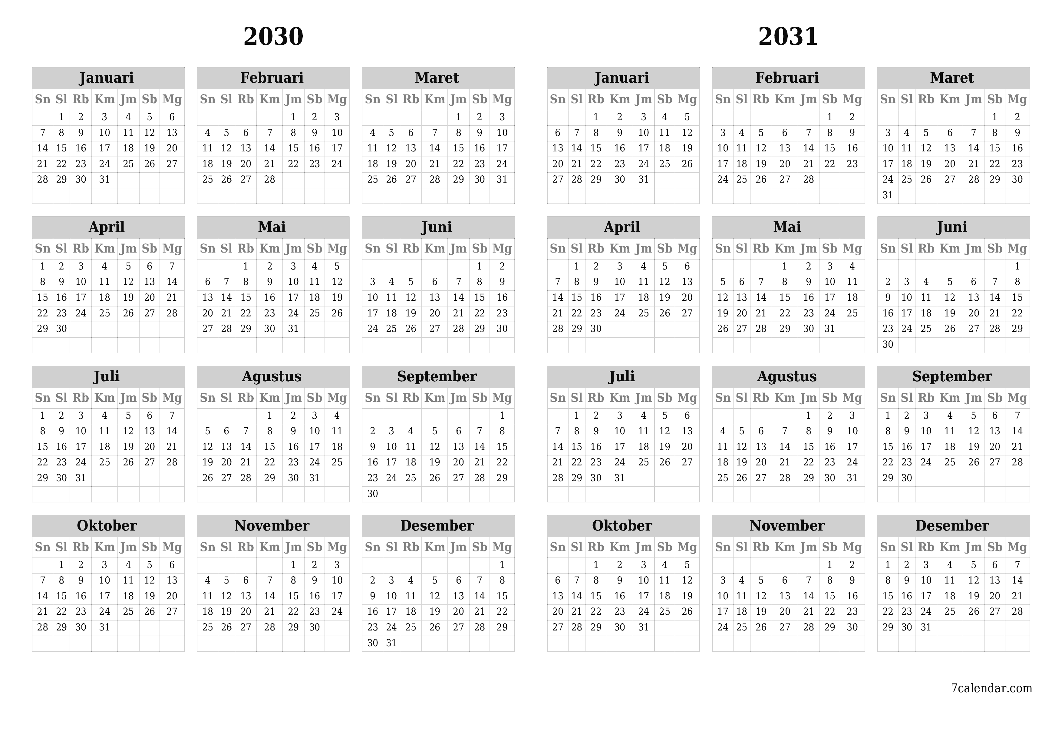 Kosongkan kalender perencana tahunan untuk tahun ini 2030, 2031 dengan catatan, simpan dan cetak ke PDF PNG Indonesian