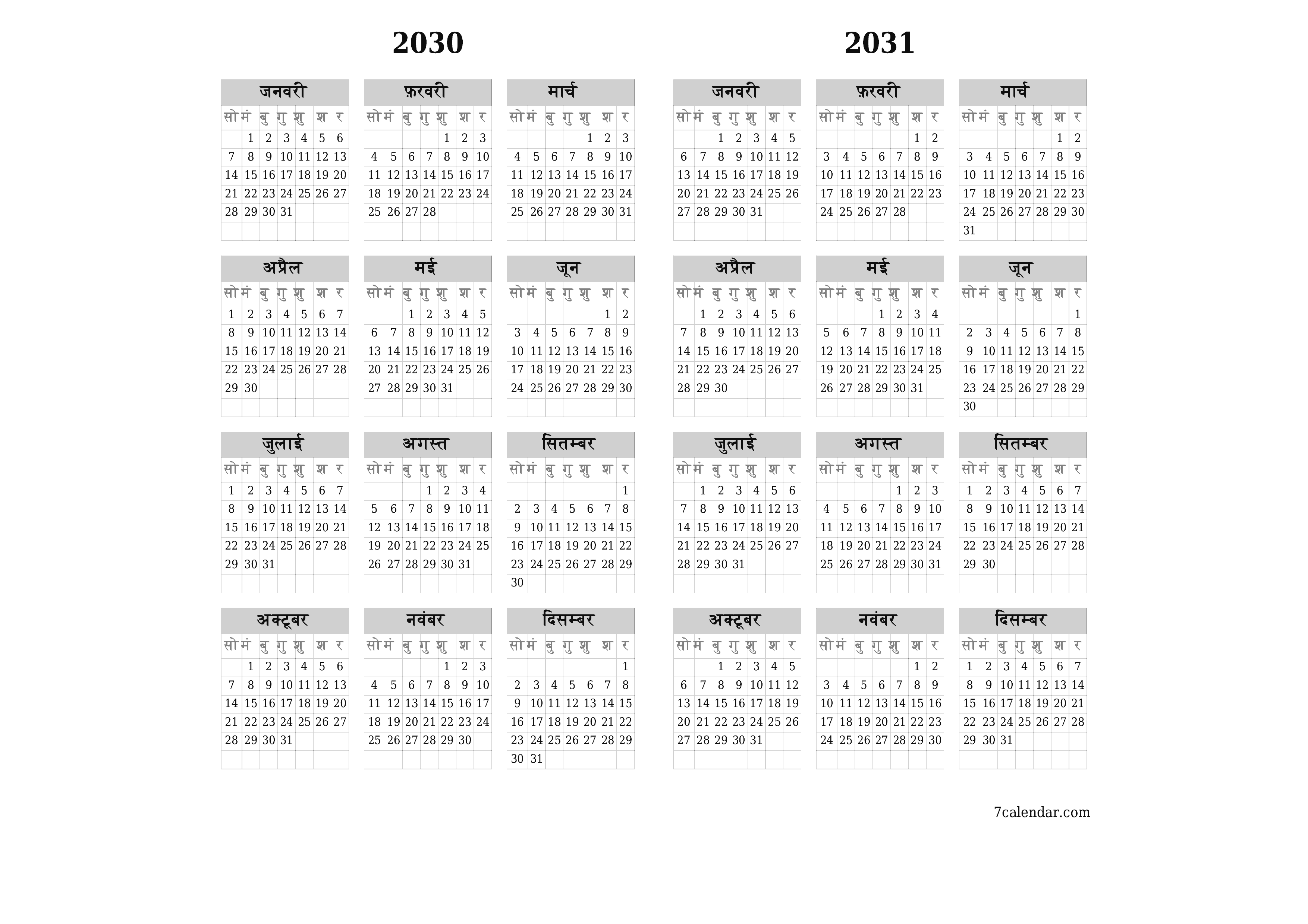 वर्ष 2030, 2031 के लिए खाली वार्षिक योजनाकार कैलेंडर, नोट्स के साथ सहेजें और पीडीएफ में प्रिंट करें PNG Hindi