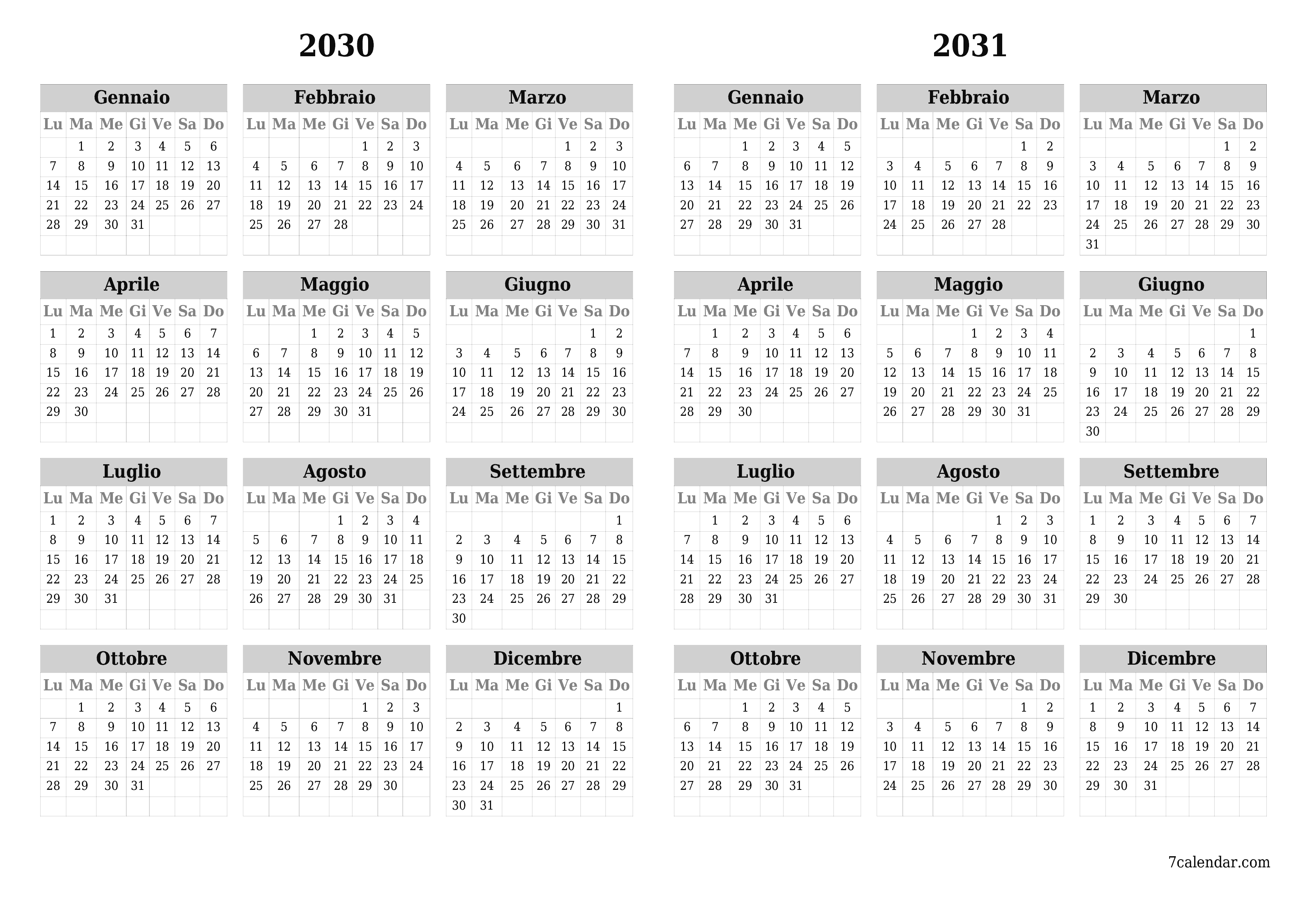 Calendario pianificatore annuale vuoto per l'anno 2030, 2031 con note, salva e stampa in PDF PNG Italian