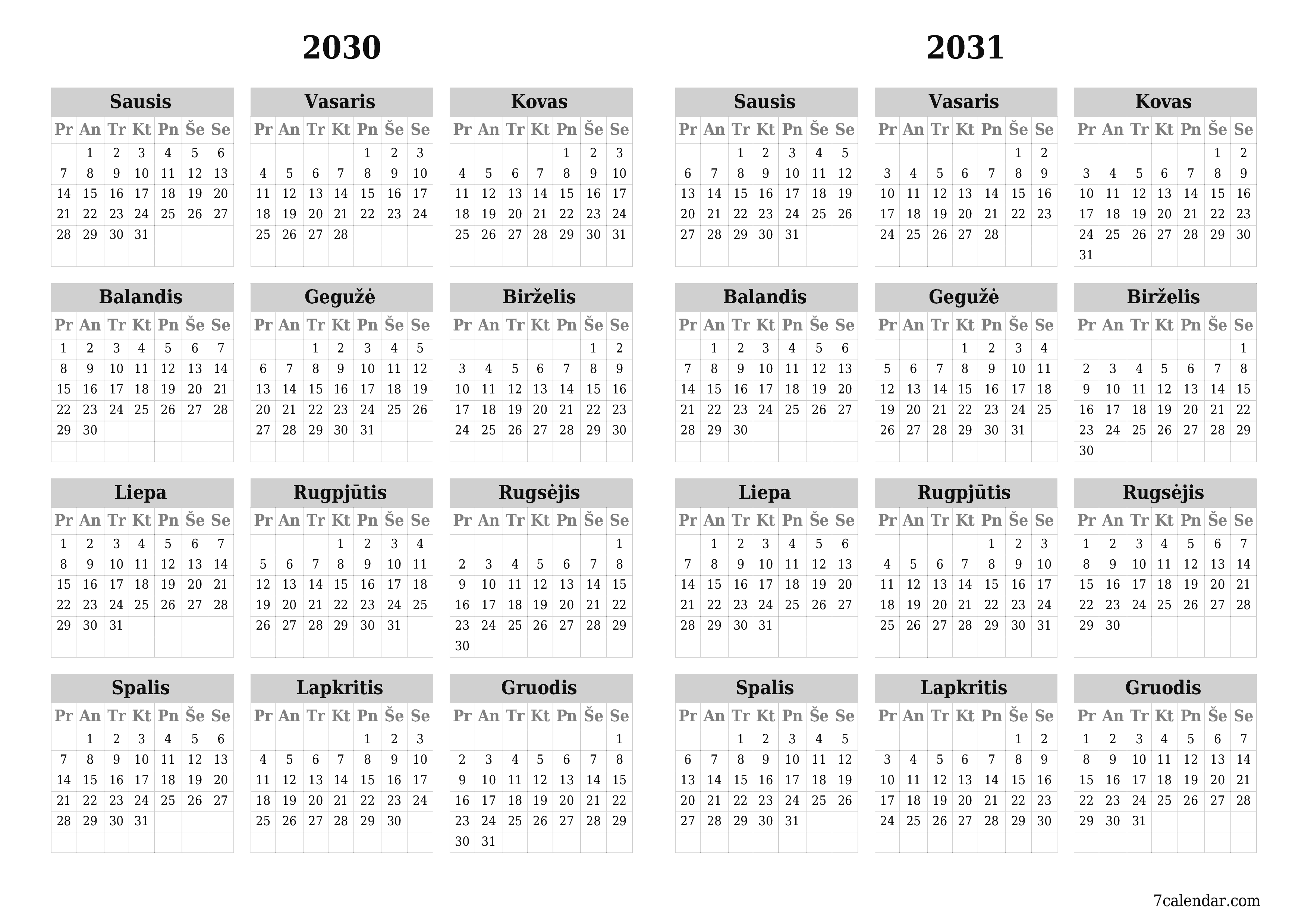 spausdinamas sieninis kalendoriaus šabloną nemokamas horizontaliai Kasmet kalendorius Gegužė (Geg) 2030