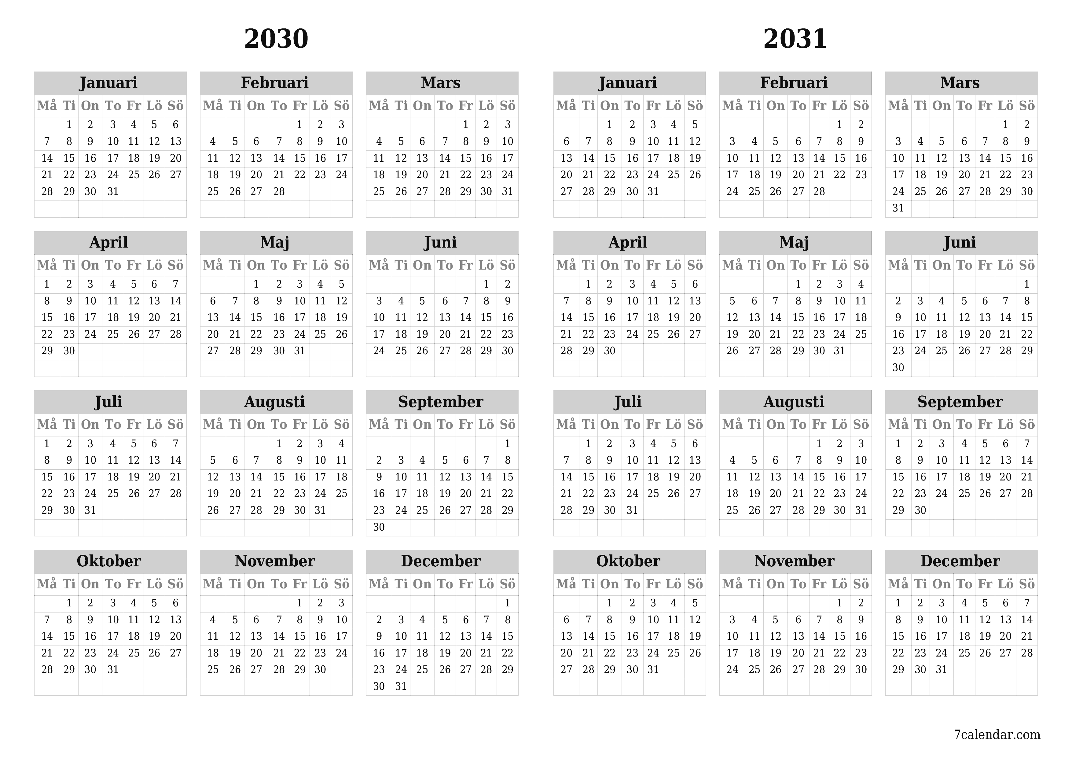 Tom årlig planeringskalender för året 2030, 2031 med anteckningar, spara och skriv ut till PDF PNG Swedish