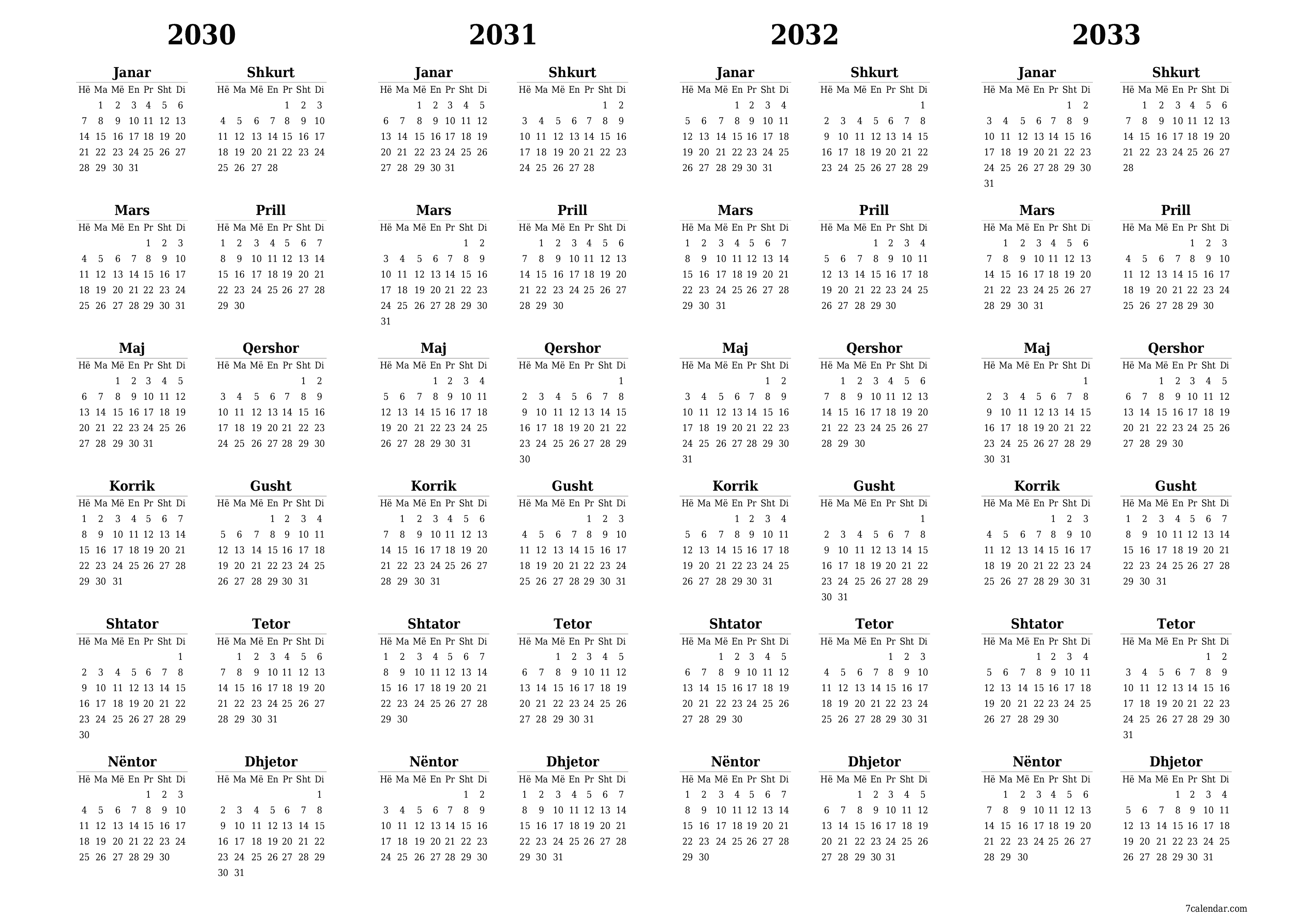 Planifikuesi bosh i kalendarit vjetor për vitin 2030, 2031, 2032, 2033 me shënime, ruani dhe printoni në PDF PNG Albanian