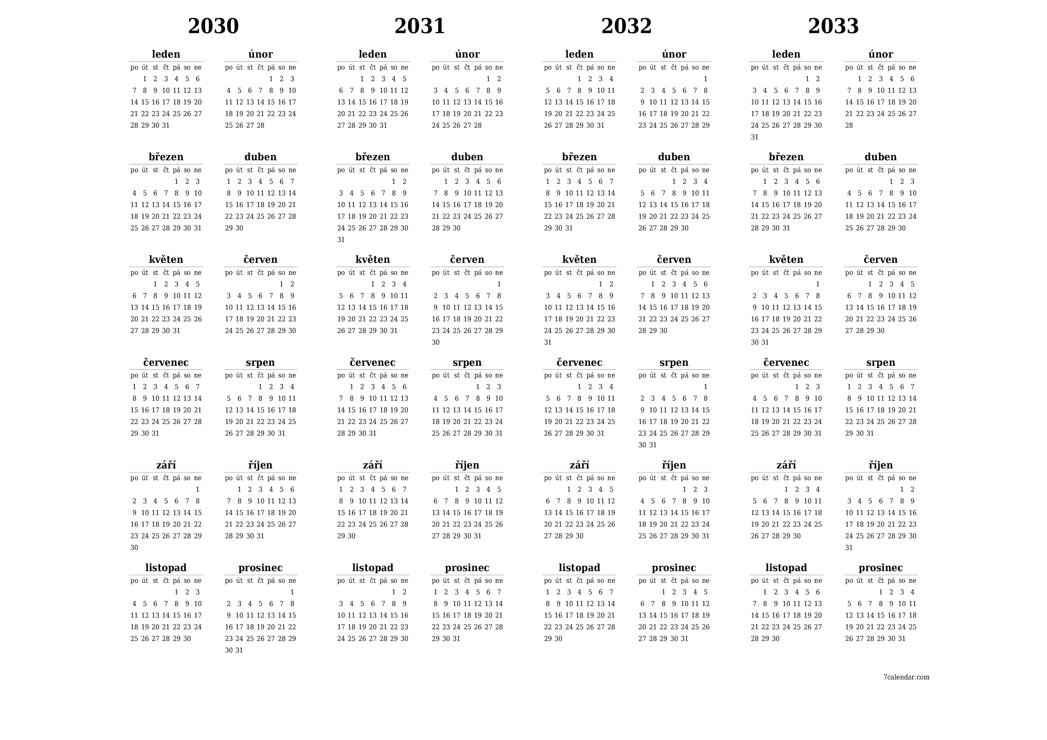 Prázdný roční kalendář plánovače pro rok 2030, 2031, 2032, 2033 s poznámkami, uložením a tiskem do PDF PNG Czech