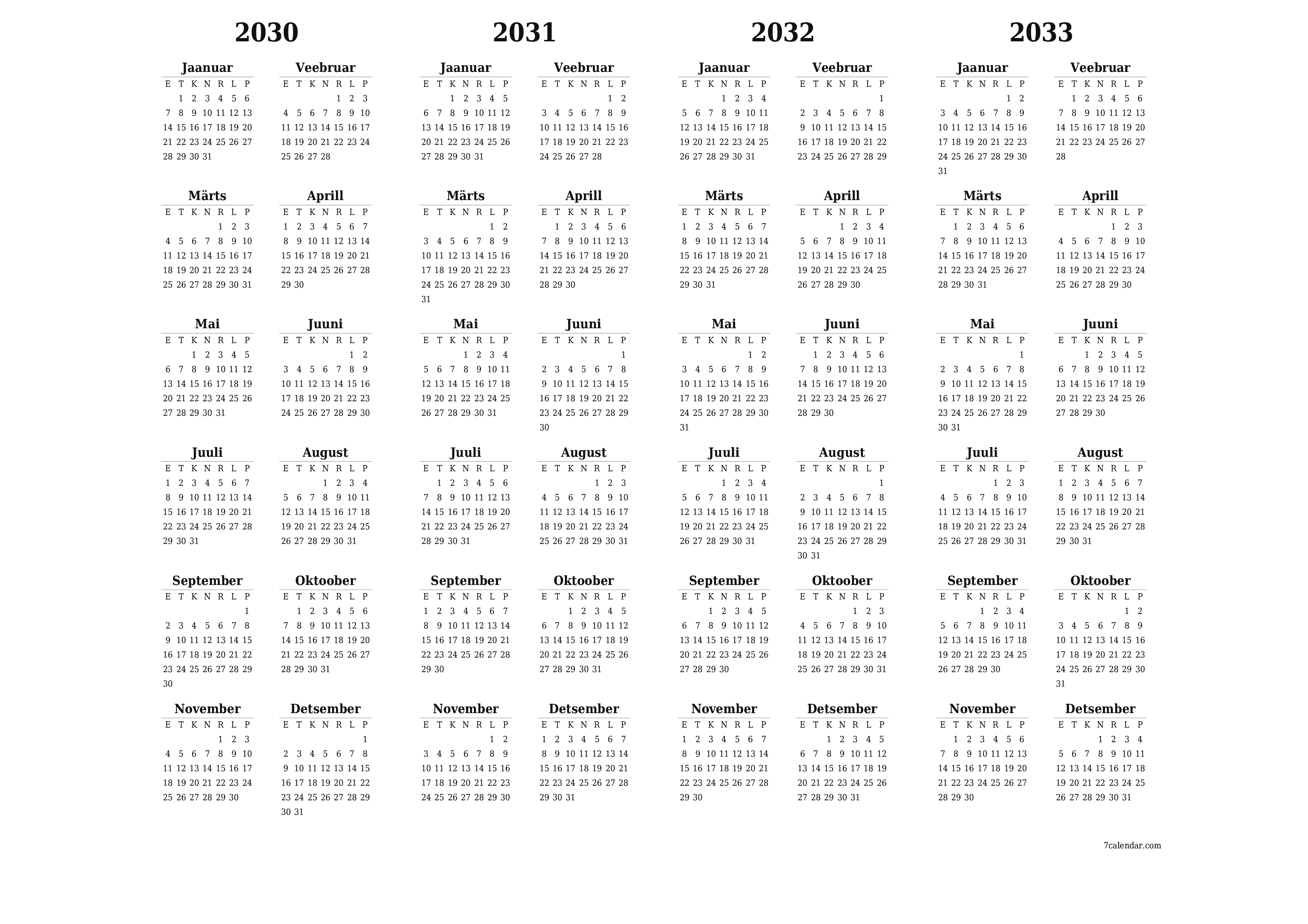 Tühi aasta planeerija kalender aastaks 2030, 2031, 2032, 2033 koos märkmetega, salvestage ja printige PDF-i PNG Estonian