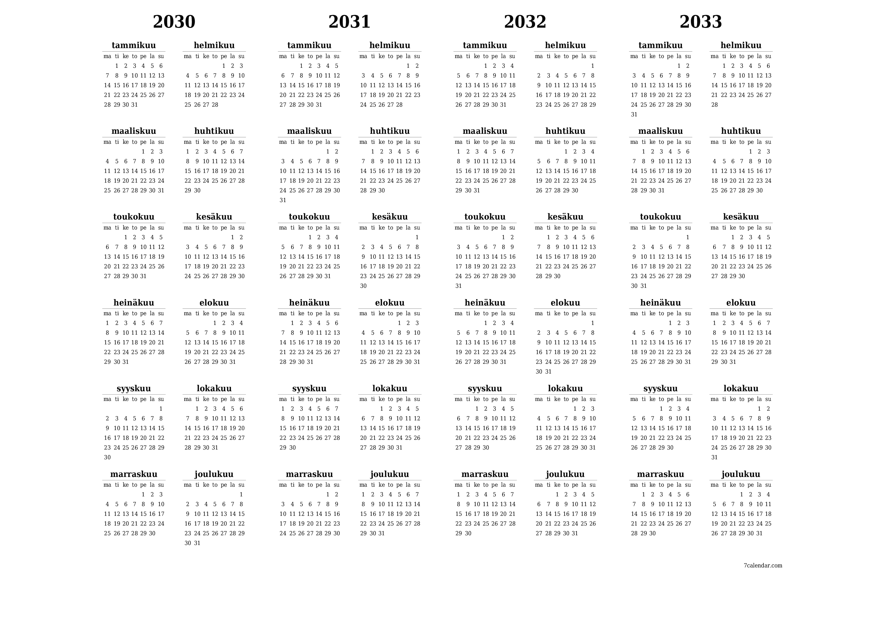 Tyhjä vuosisuunnittelukalenteri vuodelle 2030, 2031, 2032, 2033 muistiinpanoilla, tallenna ja tulosta PDF-muotoon PNG Finnish