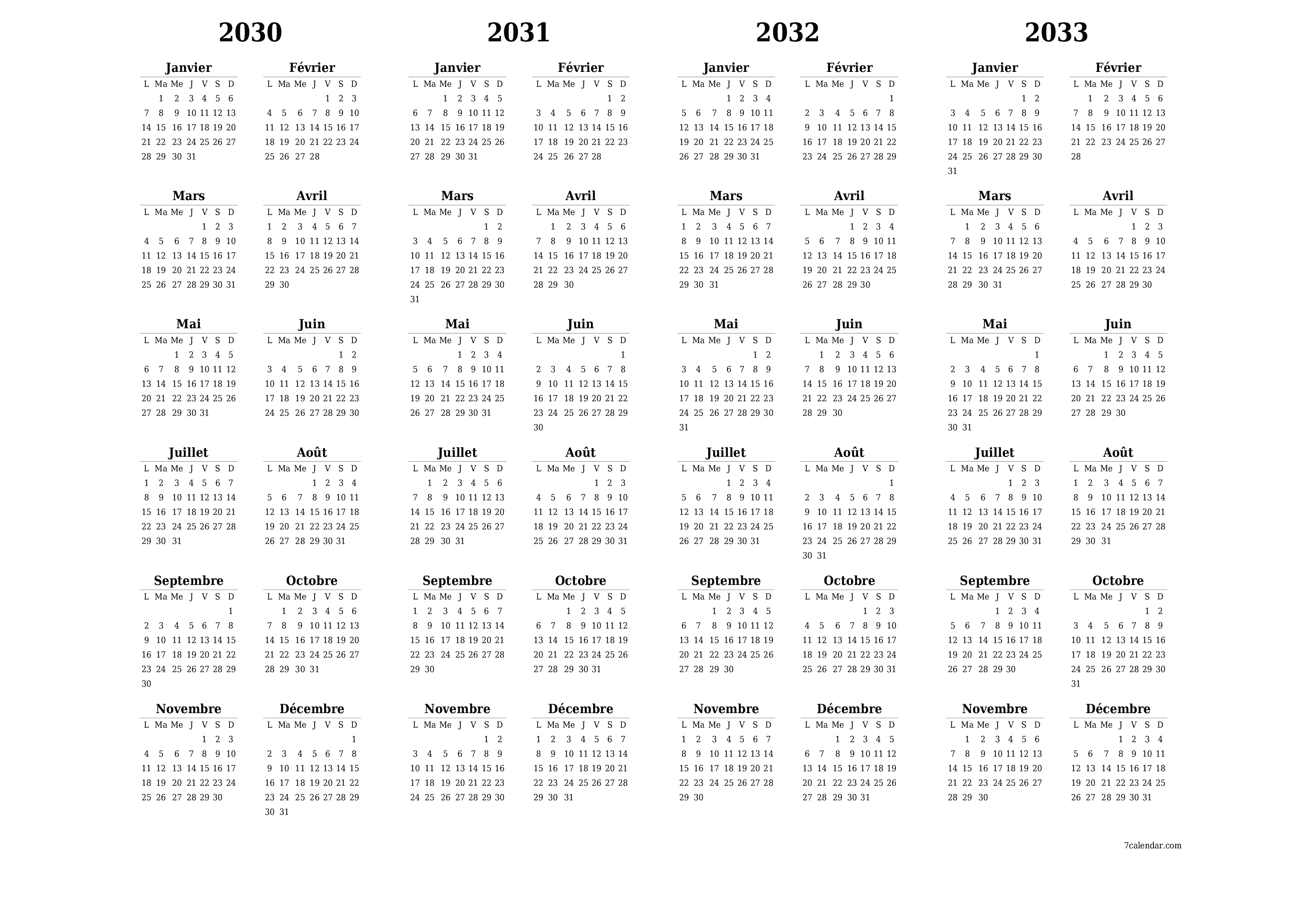 Calendrier annuel vide pour l'année 2030, 2031, 2032, 2033 avec notes, enregistrer et imprimer au format PDF PNG French