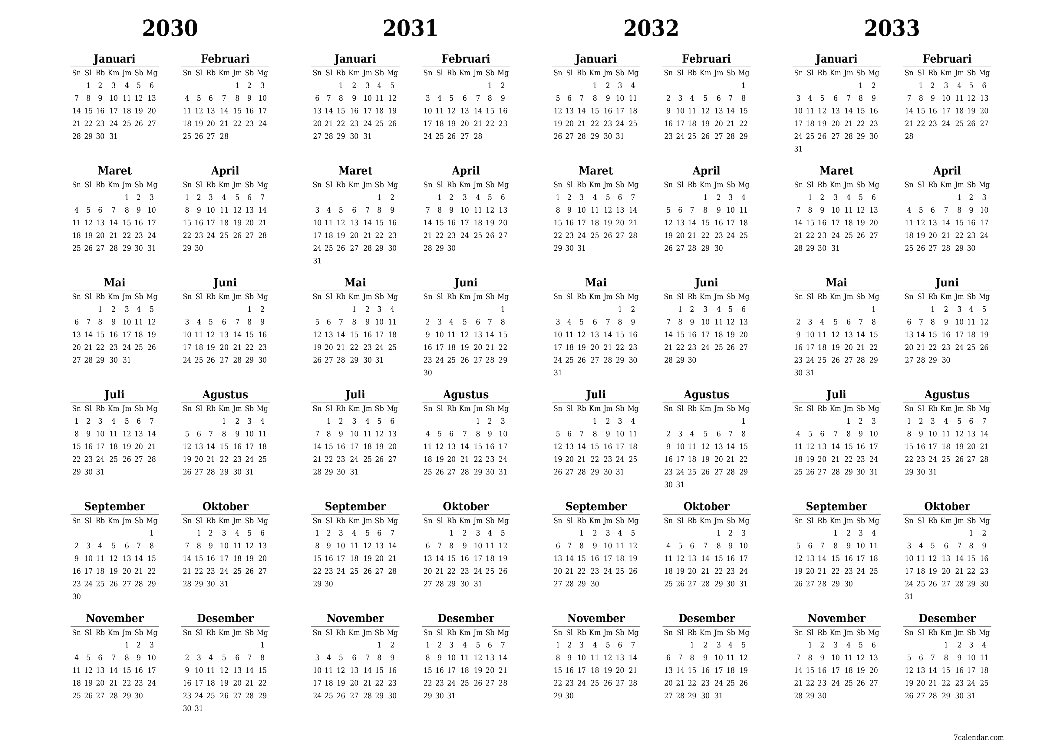 Kosongkan kalender perencana tahunan untuk tahun ini 2030, 2031, 2032, 2033 dengan catatan, simpan dan cetak ke PDF PNG Indonesian