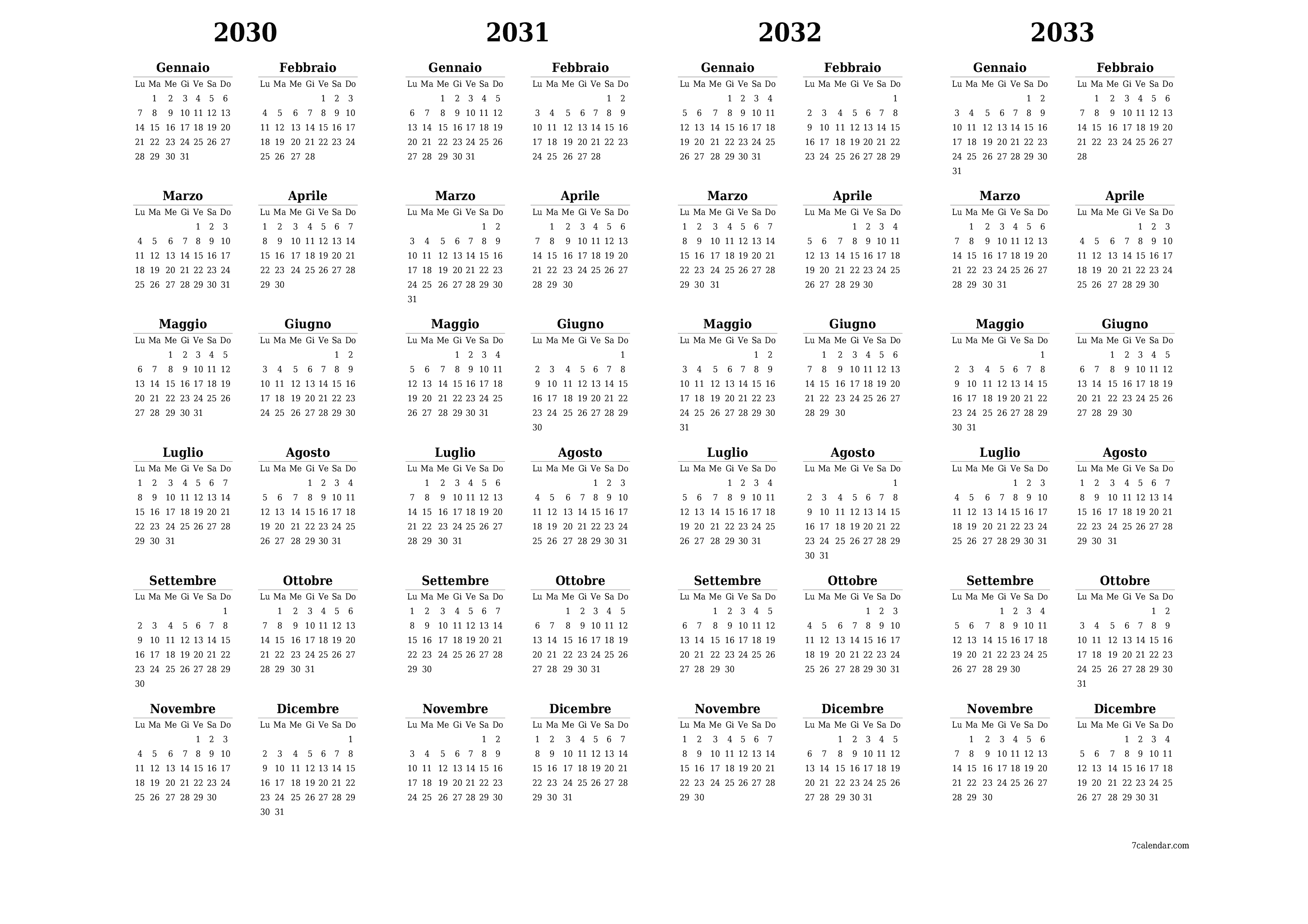 Calendario pianificatore annuale vuoto per l'anno 2030, 2031, 2032, 2033 con note, salva e stampa in PDF PNG Italian