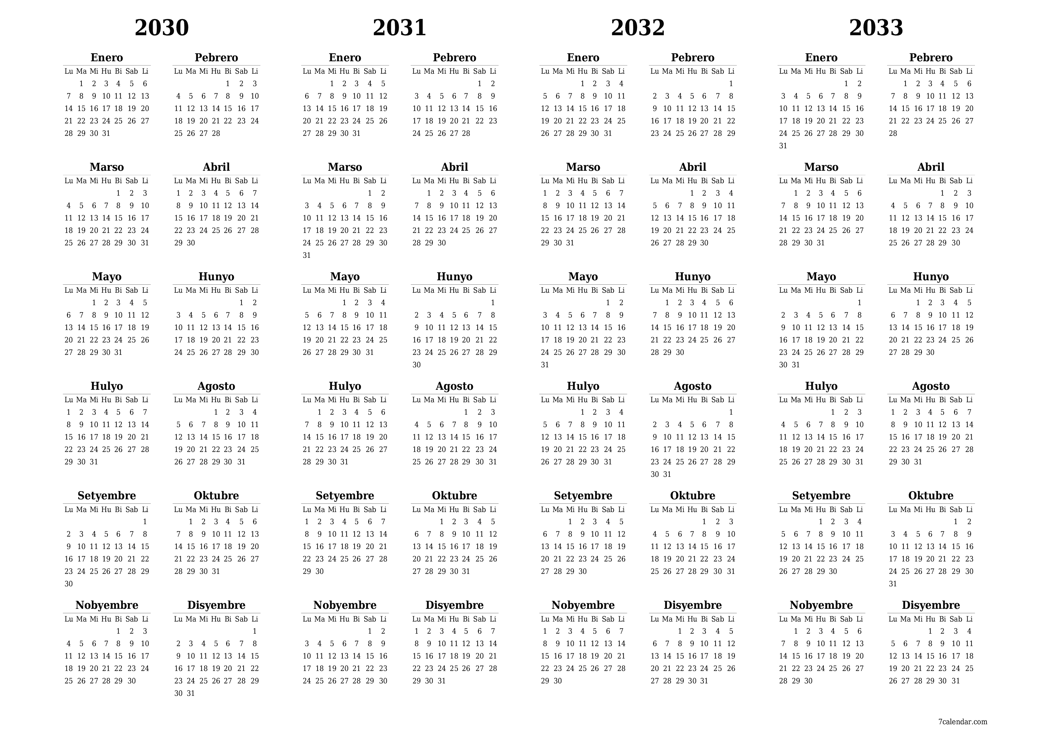 Walang laman ang taunang kalendaryo ng tagaplano para sa taong 2030, 2031, 2032, 2033 na may mga tala, i-save at i-print sa PDF PNG Filipino