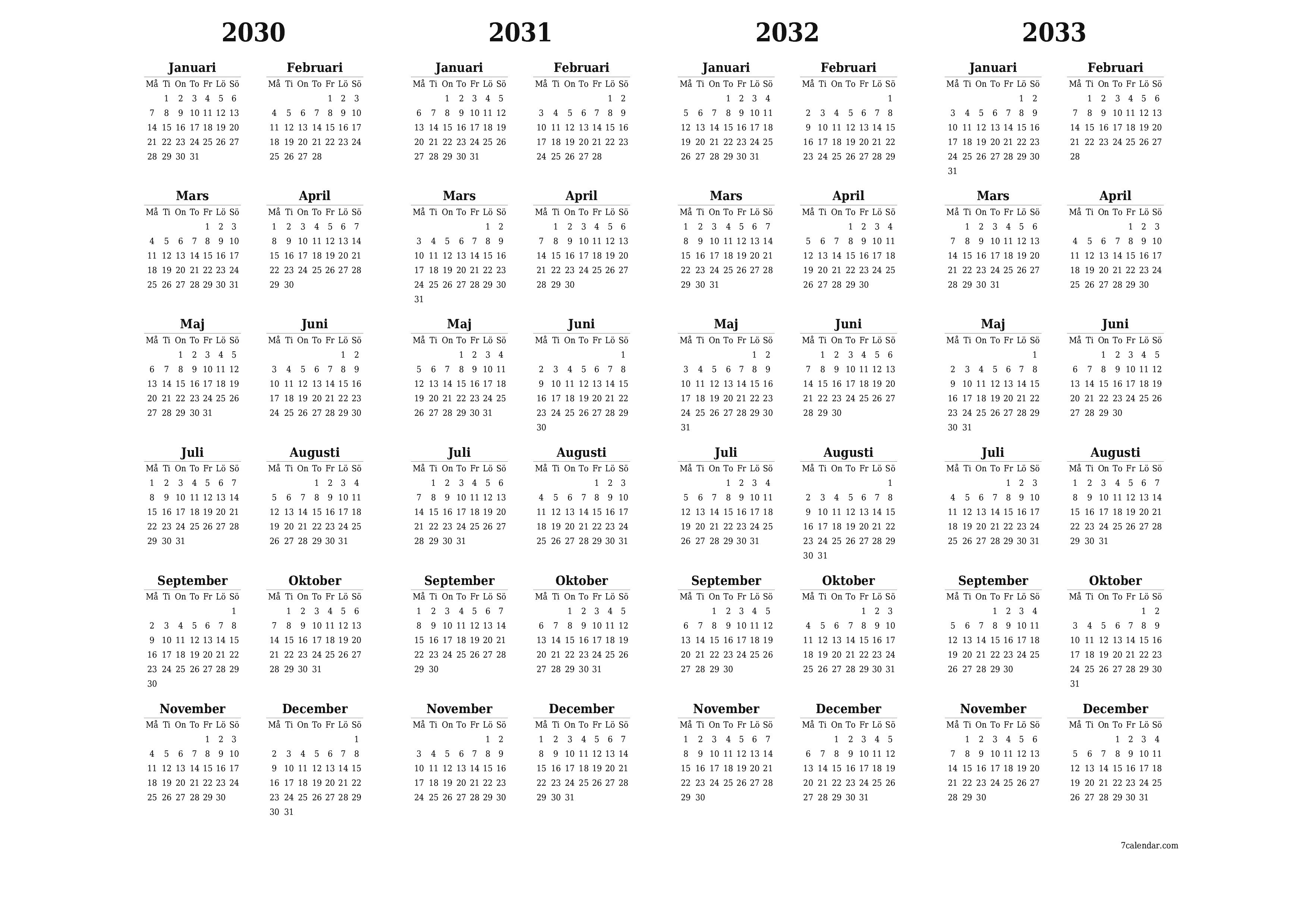 Tom årlig planeringskalender för året 2030, 2031, 2032, 2033 med anteckningar, spara och skriv ut till PDF PNG Swedish