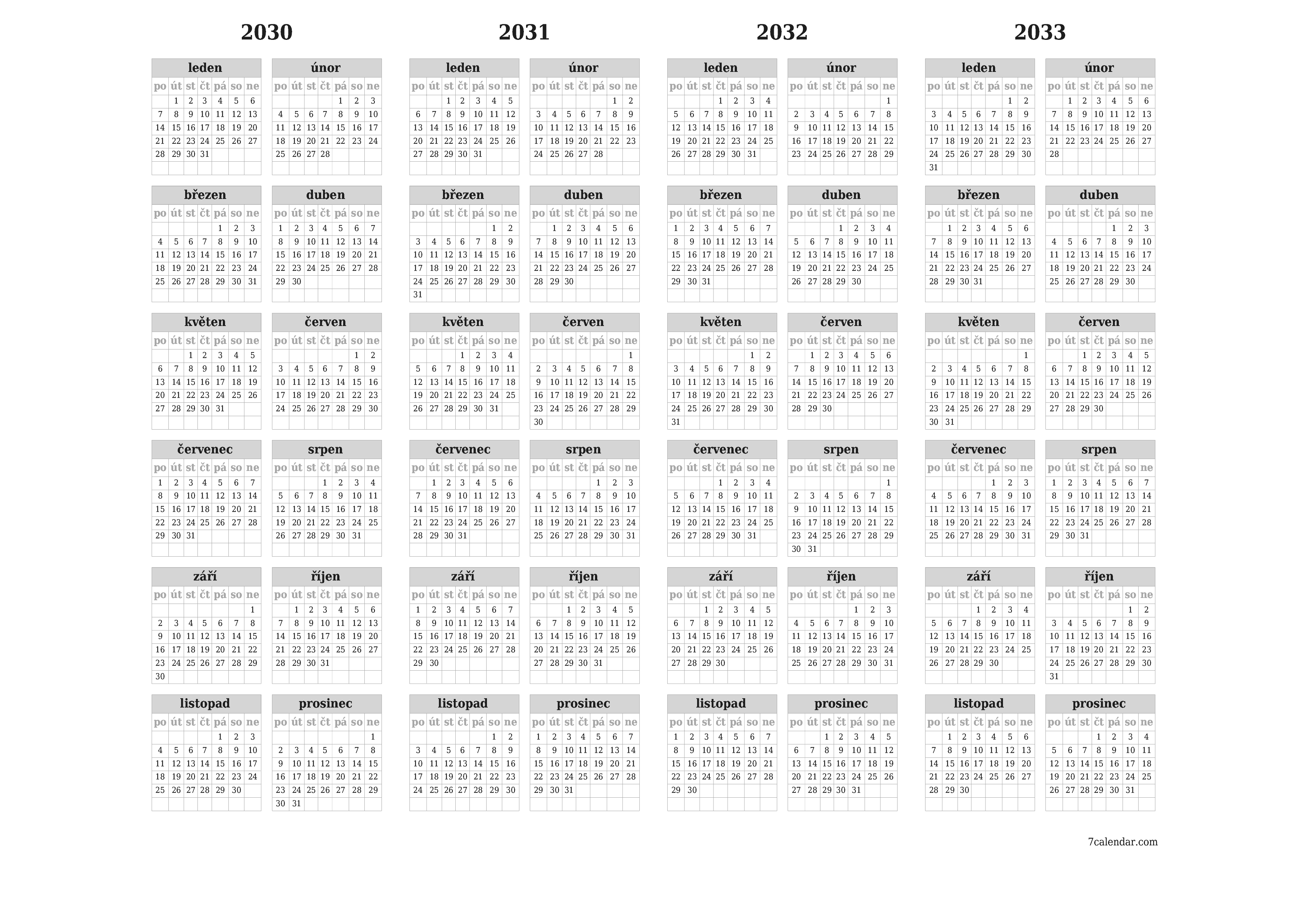 Prázdný roční kalendář plánovače pro rok 2030, 2031, 2032, 2033 s poznámkami, uložením a tiskem do PDF PNG Czech