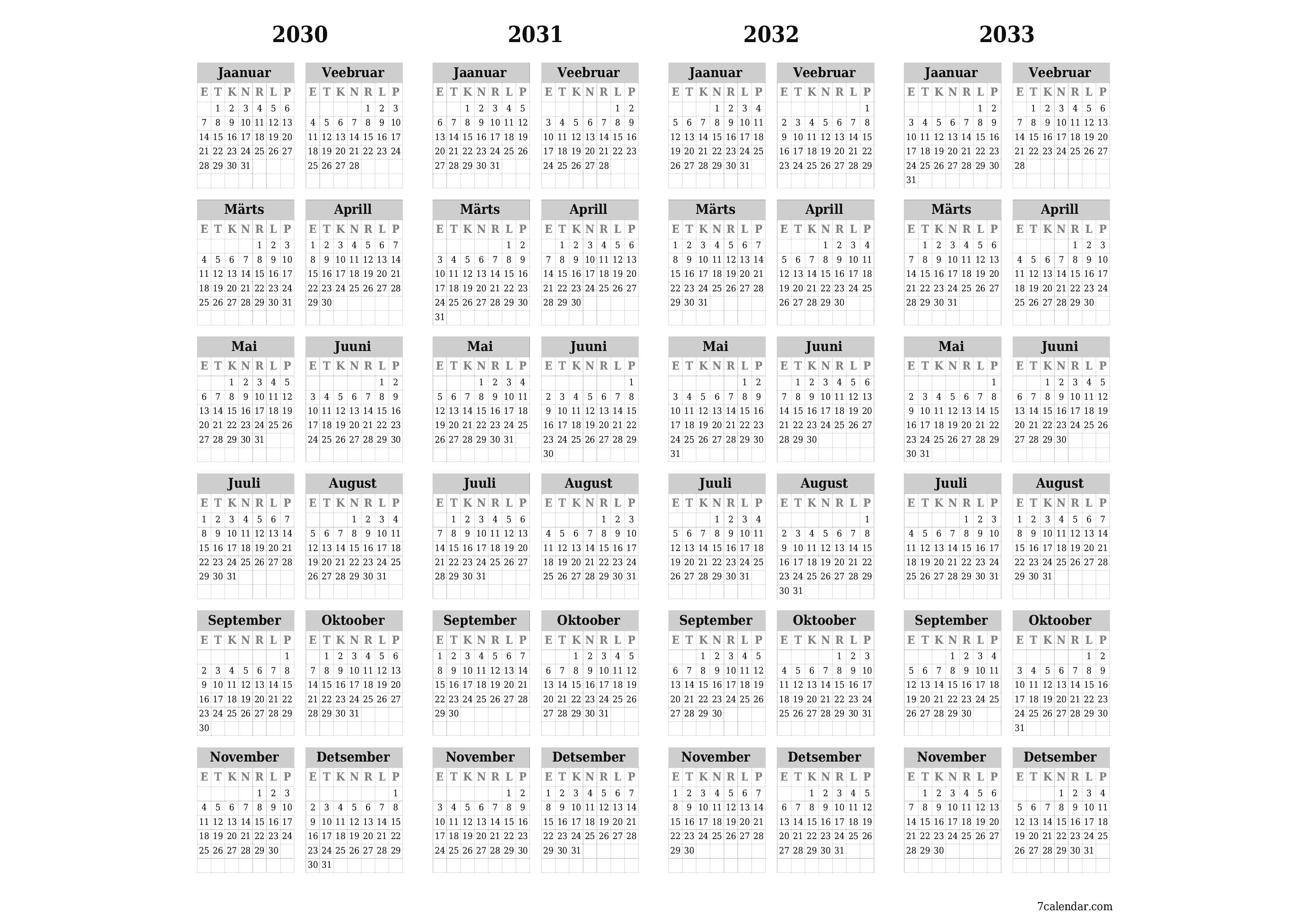 Tühi aasta planeerija kalender aastaks 2030, 2031, 2032, 2033 koos märkmetega, salvestage ja printige PDF-i PNG Estonian