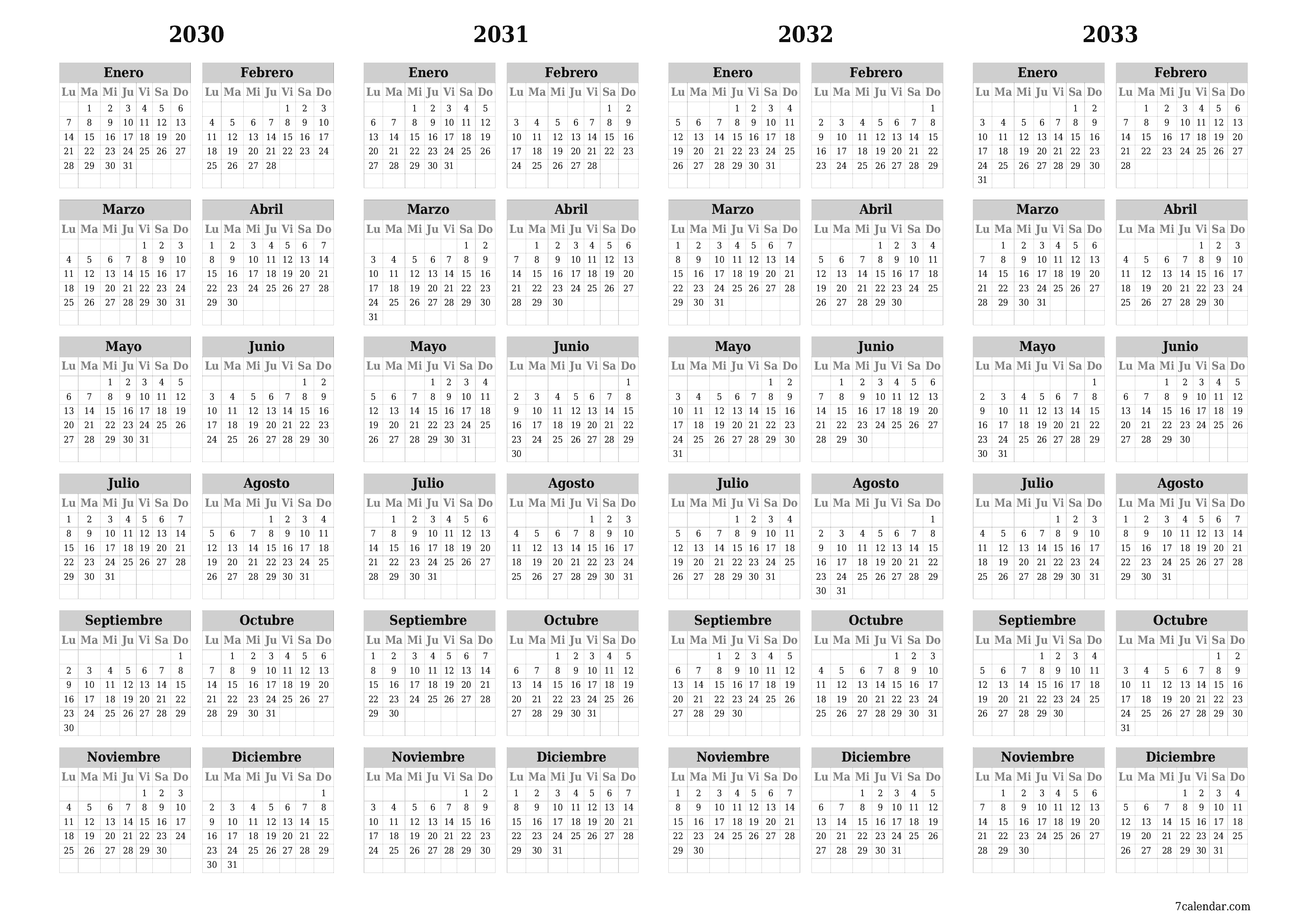 Calendario planificador anual vacío para el año 2030, 2031, 2032, 2033 con notas, guardar e imprimir en PDF PNG Spanish