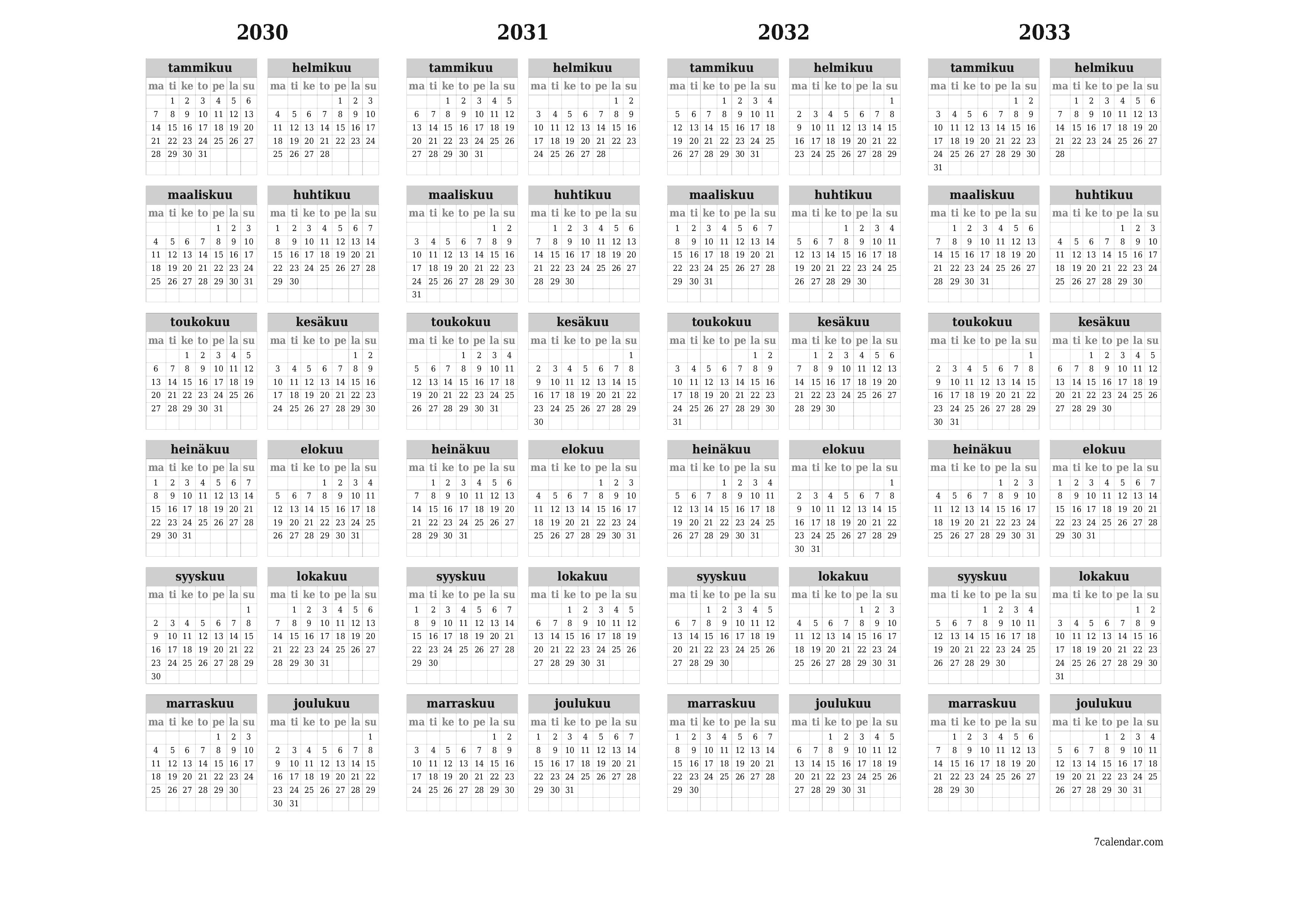 Tyhjä vuosisuunnittelukalenteri vuodelle 2030, 2031, 2032, 2033 muistiinpanoilla, tallenna ja tulosta PDF-muotoon PNG Finnish