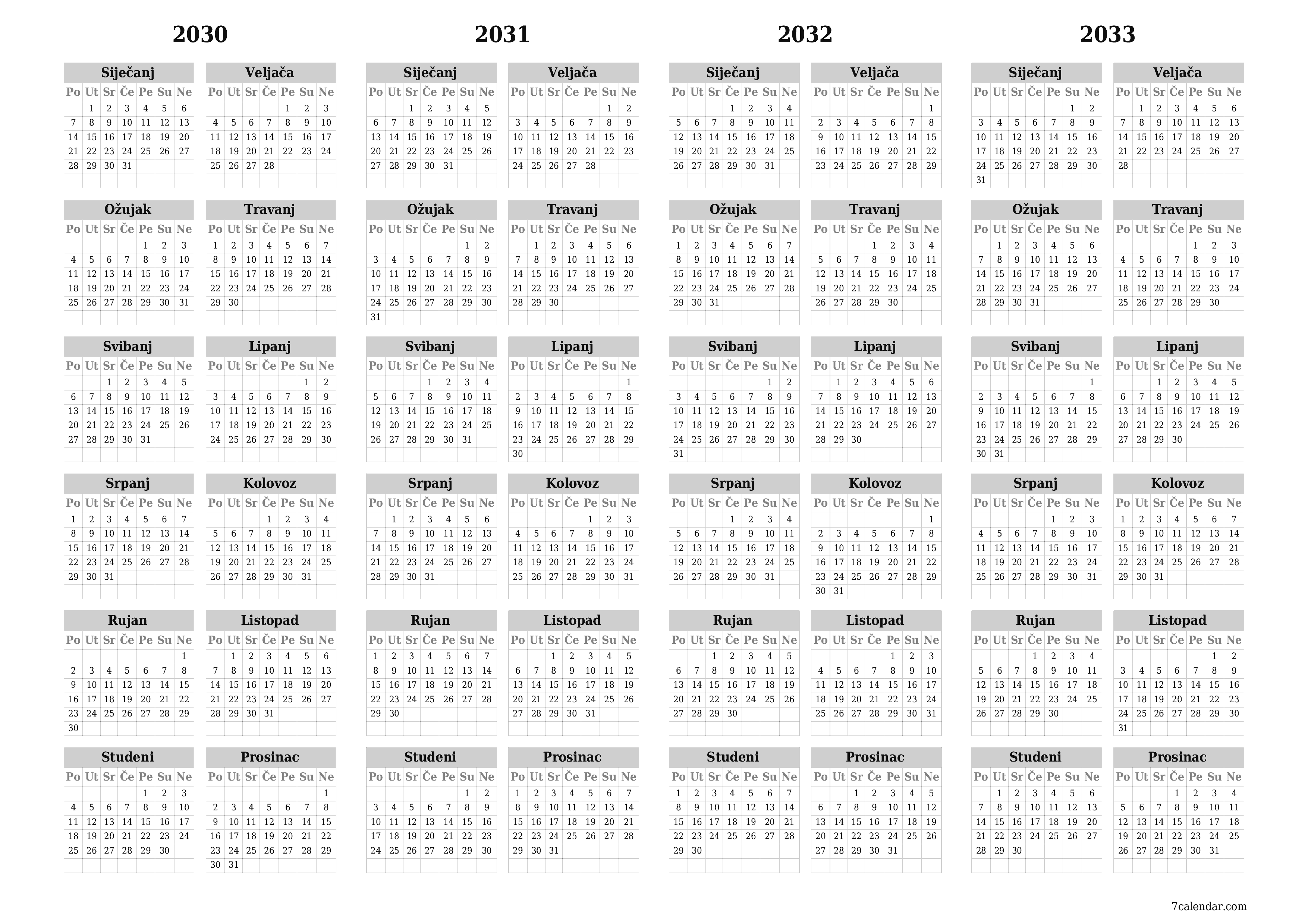 Ispraznite godišnji kalendar planera za godinu 2030, 2031, 2032, 2033 s bilješkama, spremite i ispišite u PDF PNG Croatian