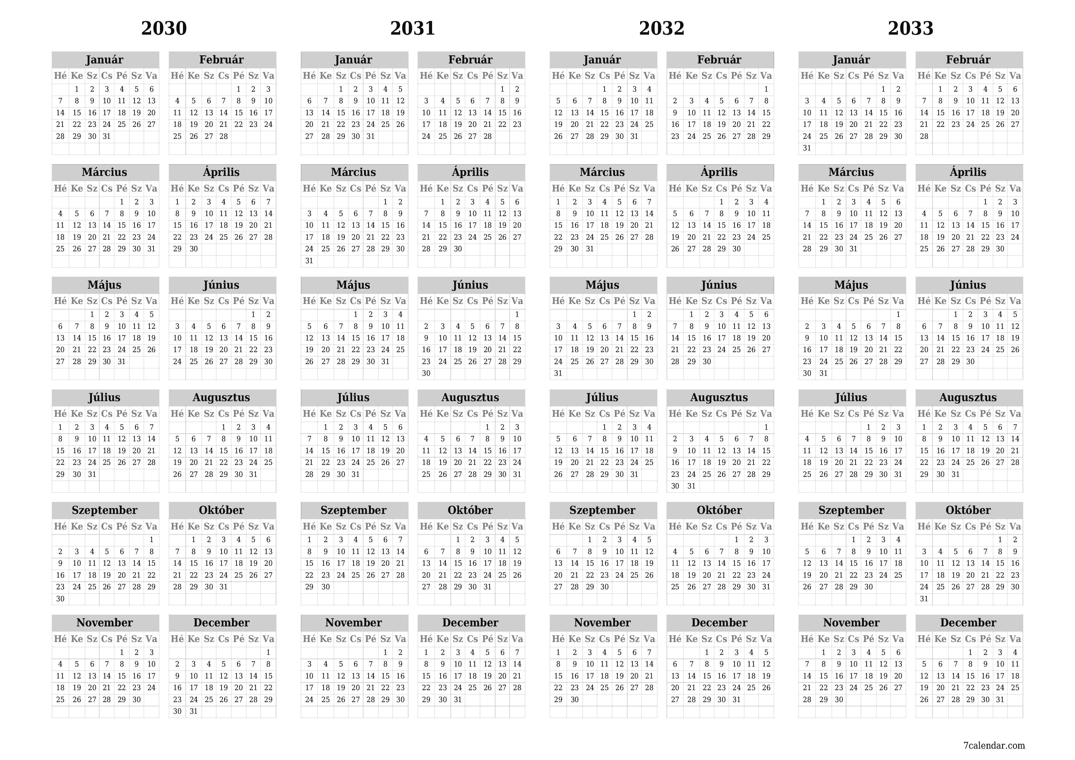 Üres éves tervezői naptár az évre 2030, 2031, 2032, 2033 jegyzetekkel, mentés és nyomtatás PDF-be PNG Hungarian