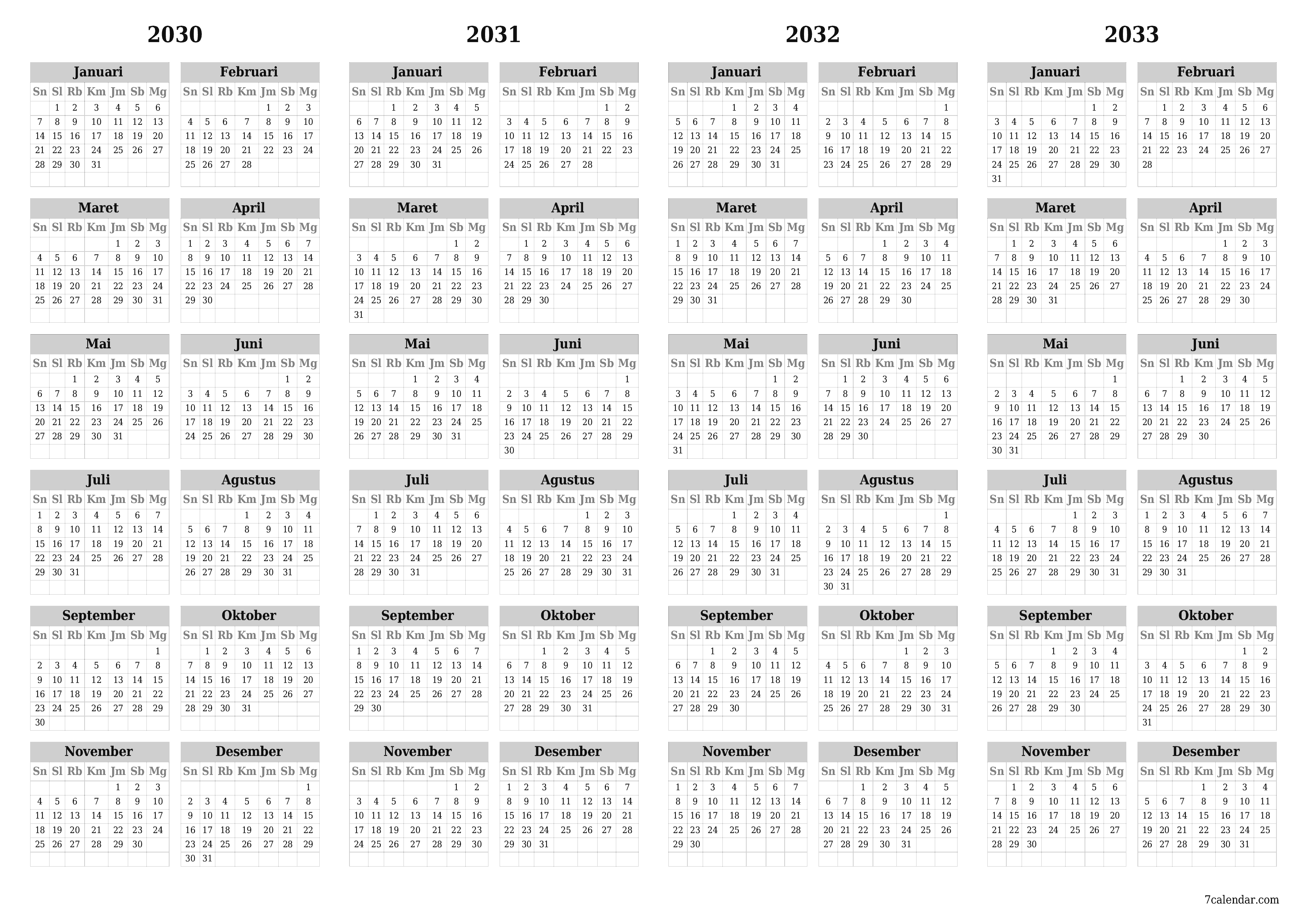  yang dapat dicetak dinding templat gratishorisontal Tahunan kalender Mai (Mai) 2030