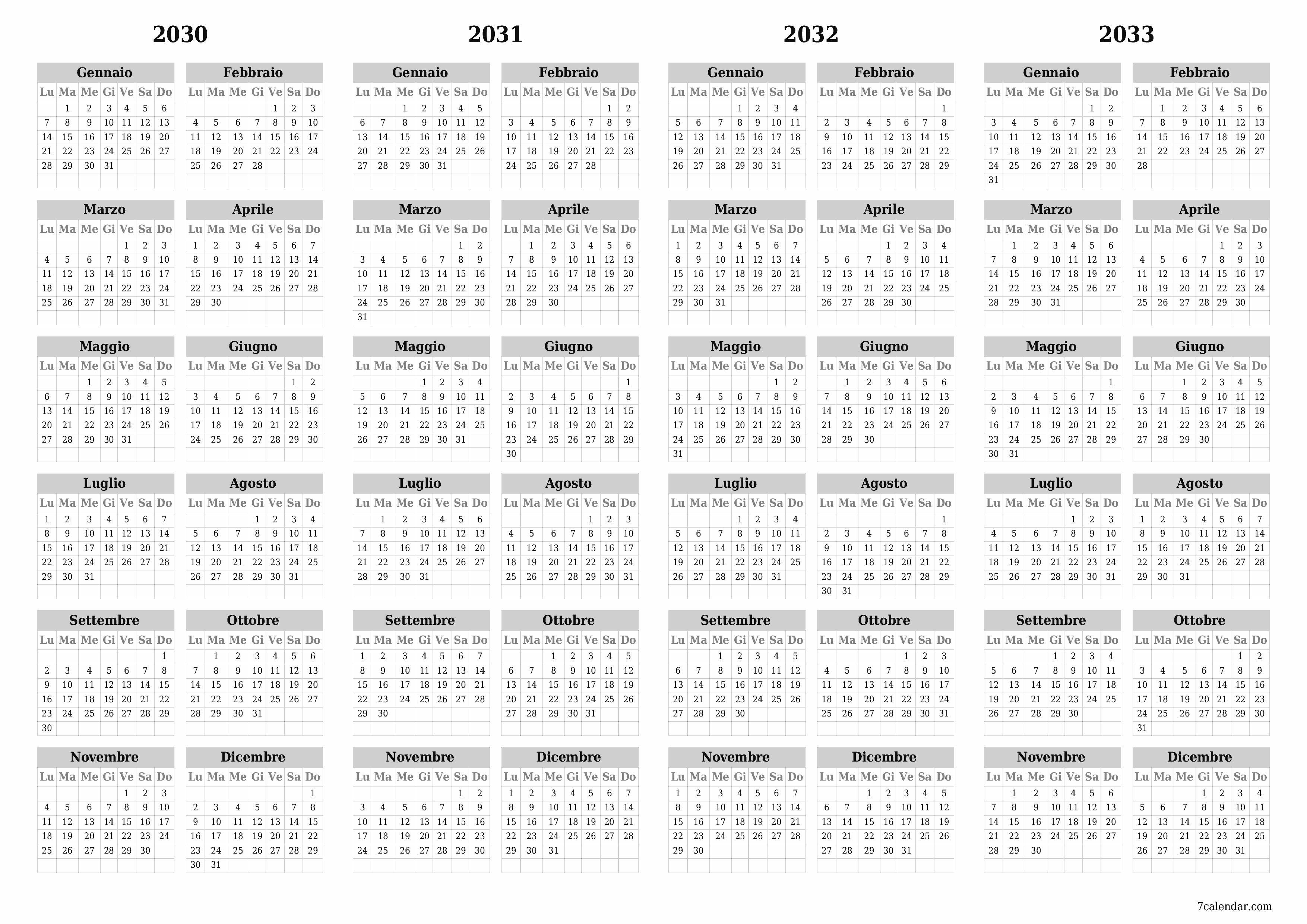 Calendario pianificatore annuale vuoto per l'anno 2030, 2031, 2032, 2033 con note, salva e stampa in PDF PNG Italian