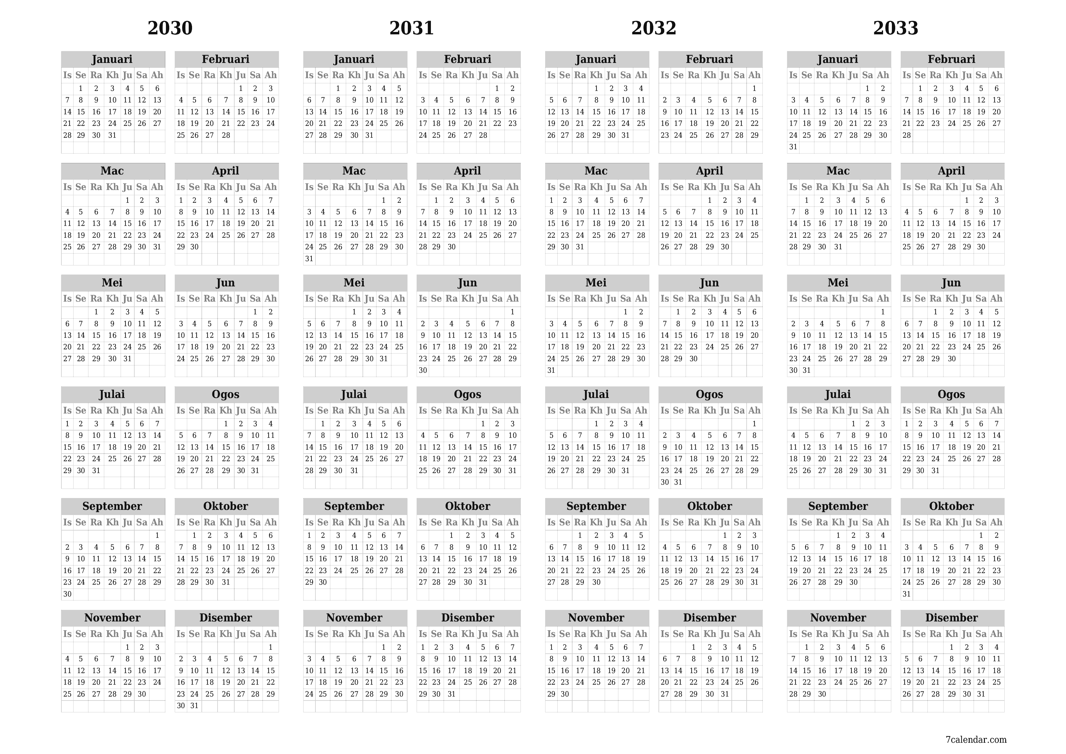 Kalendar perancang tahunan kosong untuk tahun ini 2030, 2031, 2032, 2033 dengan nota, simpan dan cetak ke PDF PNG Malay