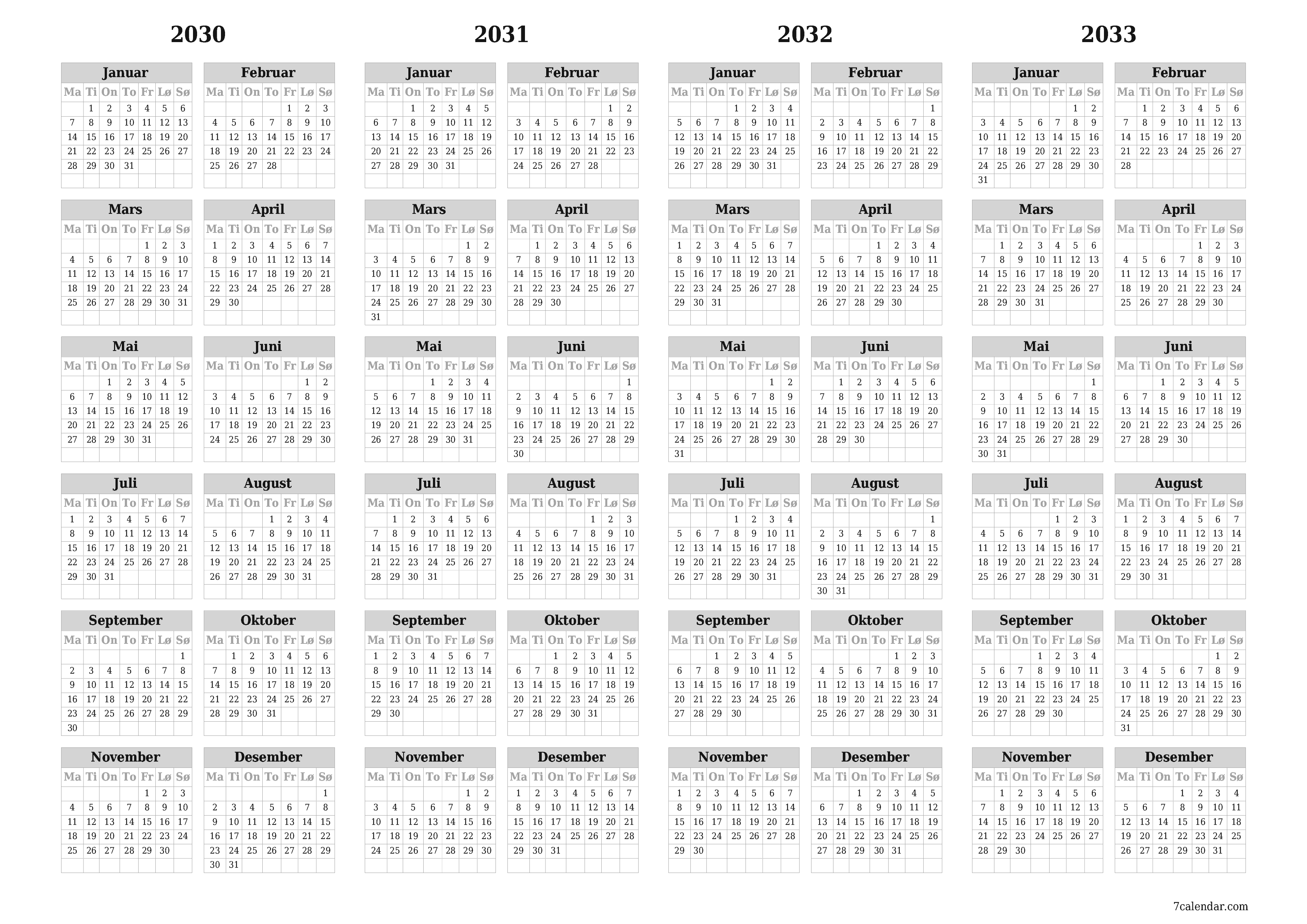 Tom årlig planleggerkalender for året 2030, 2031, 2032, 2033 med notater, lagre og skrive ut i PDF PNG Norwegian