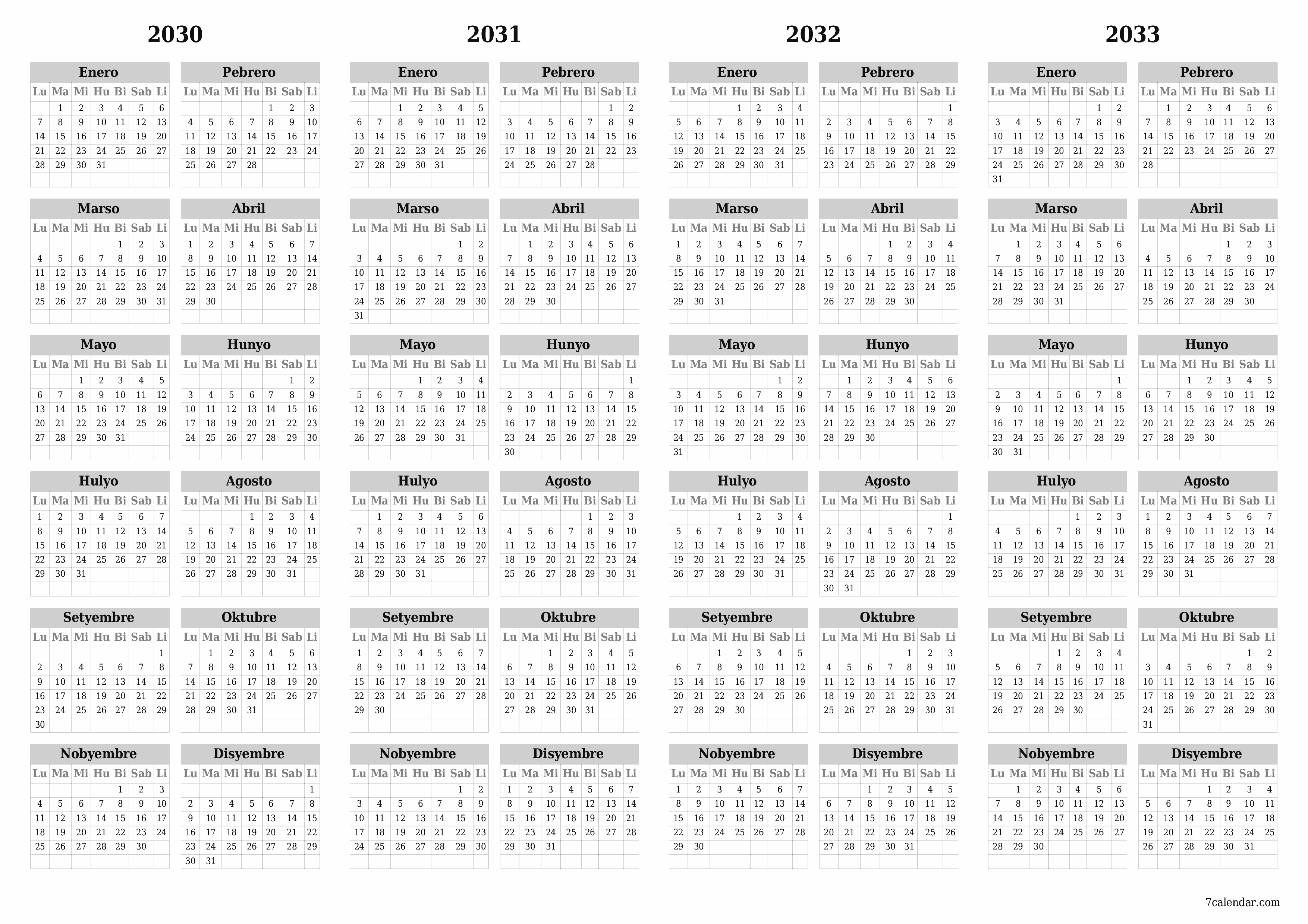 Walang laman ang taunang kalendaryo ng tagaplano para sa taong 2030, 2031, 2032, 2033 na may mga tala, i-save at i-print sa PDF PNG Filipino