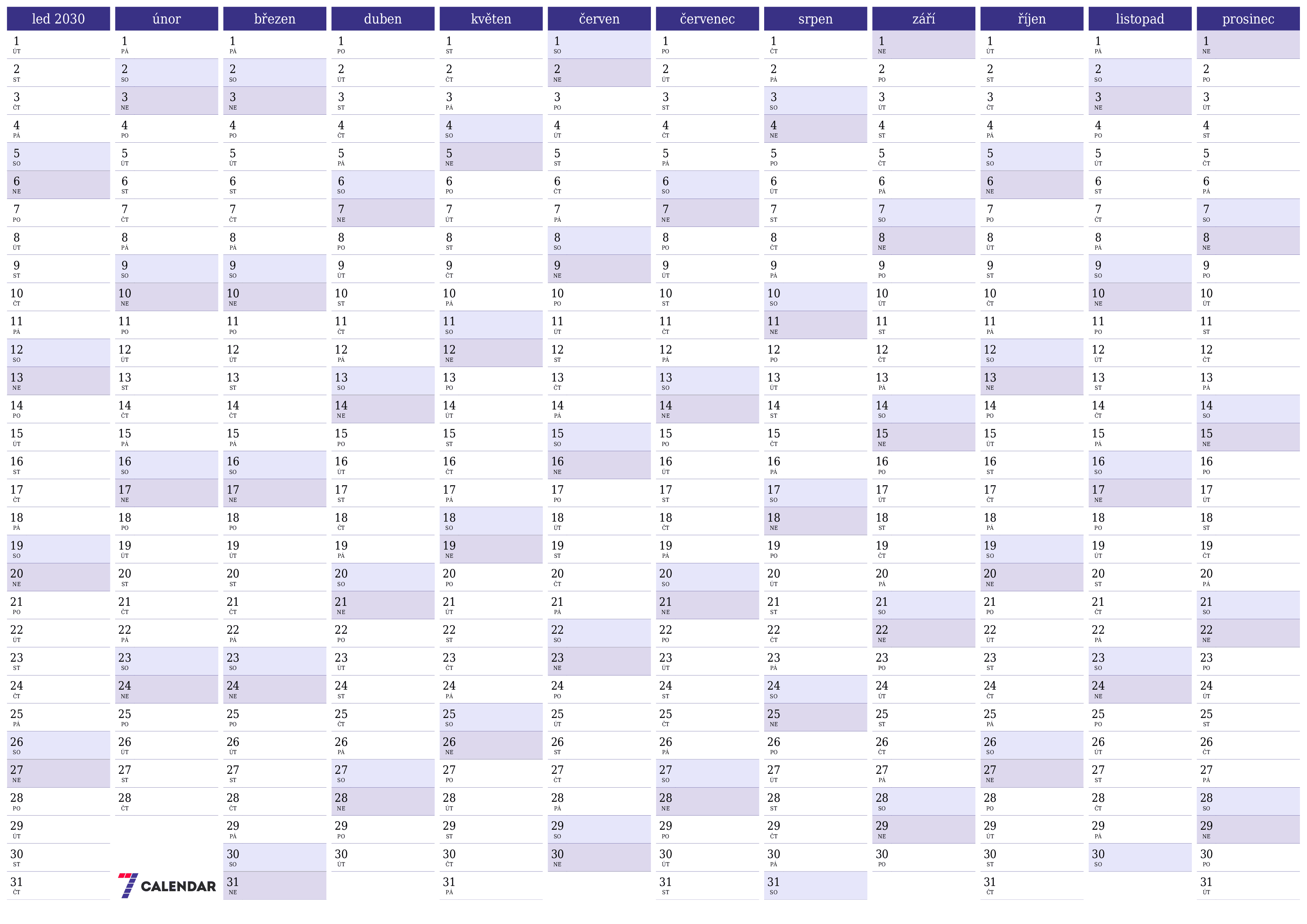 Prázdný roční kalendář plánovače pro rok 2030 s poznámkami, uložením a tiskem do PDF PNG Czech