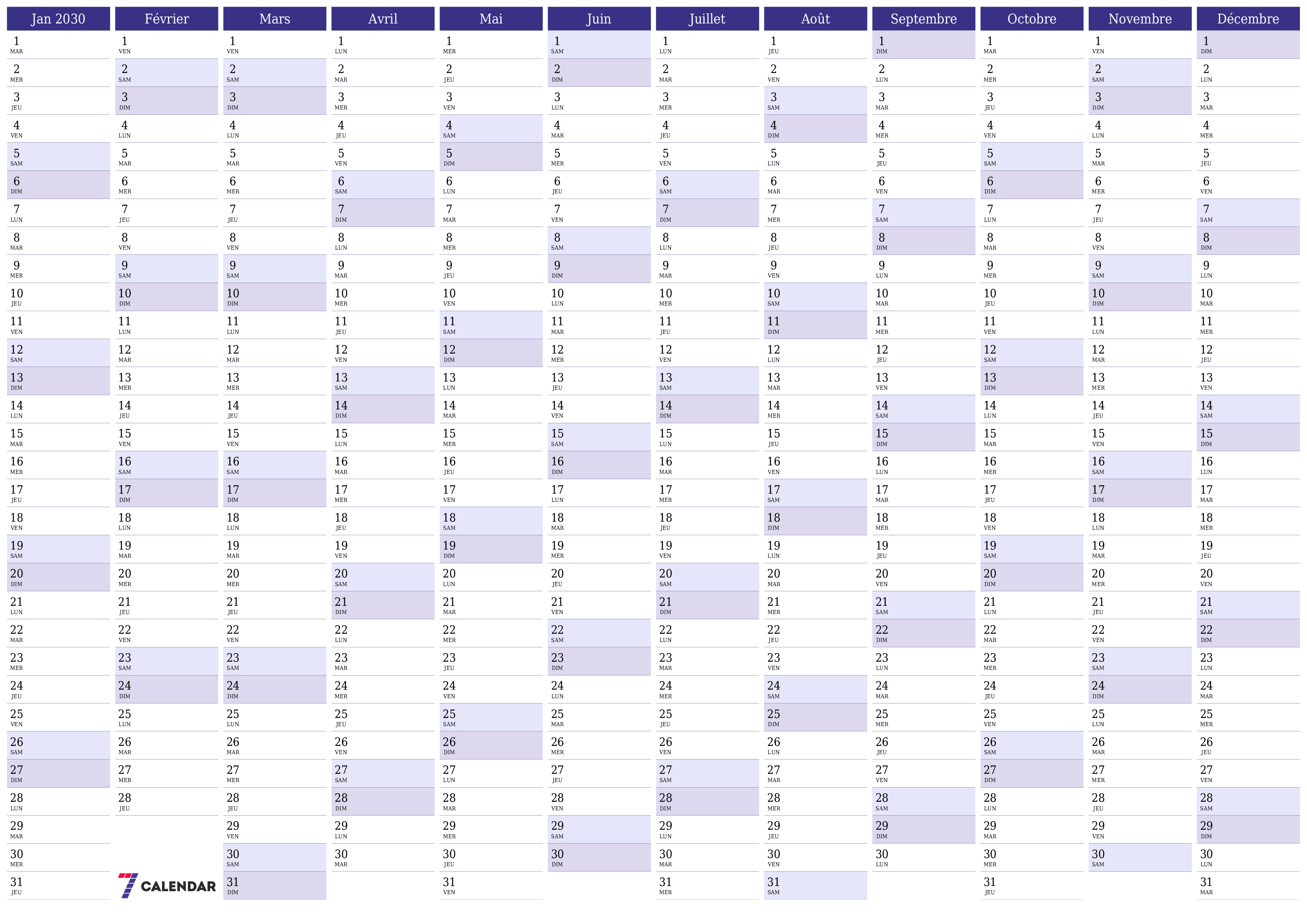 Calendrier annuel vide pour l'année 2030 avec notes, enregistrer et imprimer au format PDF PNG French