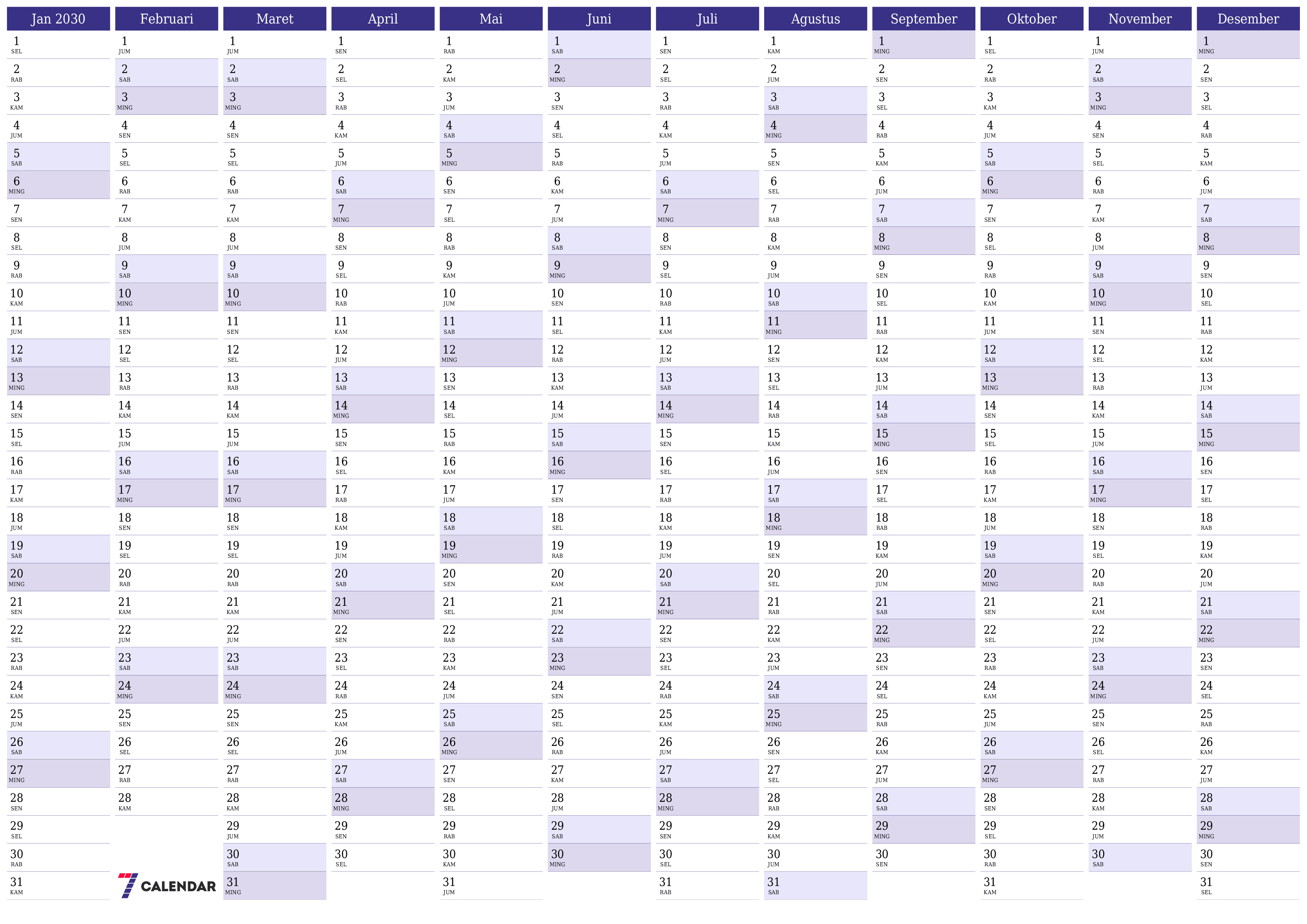 Kosongkan kalender perencana tahunan untuk tahun ini 2030 dengan catatan, simpan dan cetak ke PDF PNG Indonesian