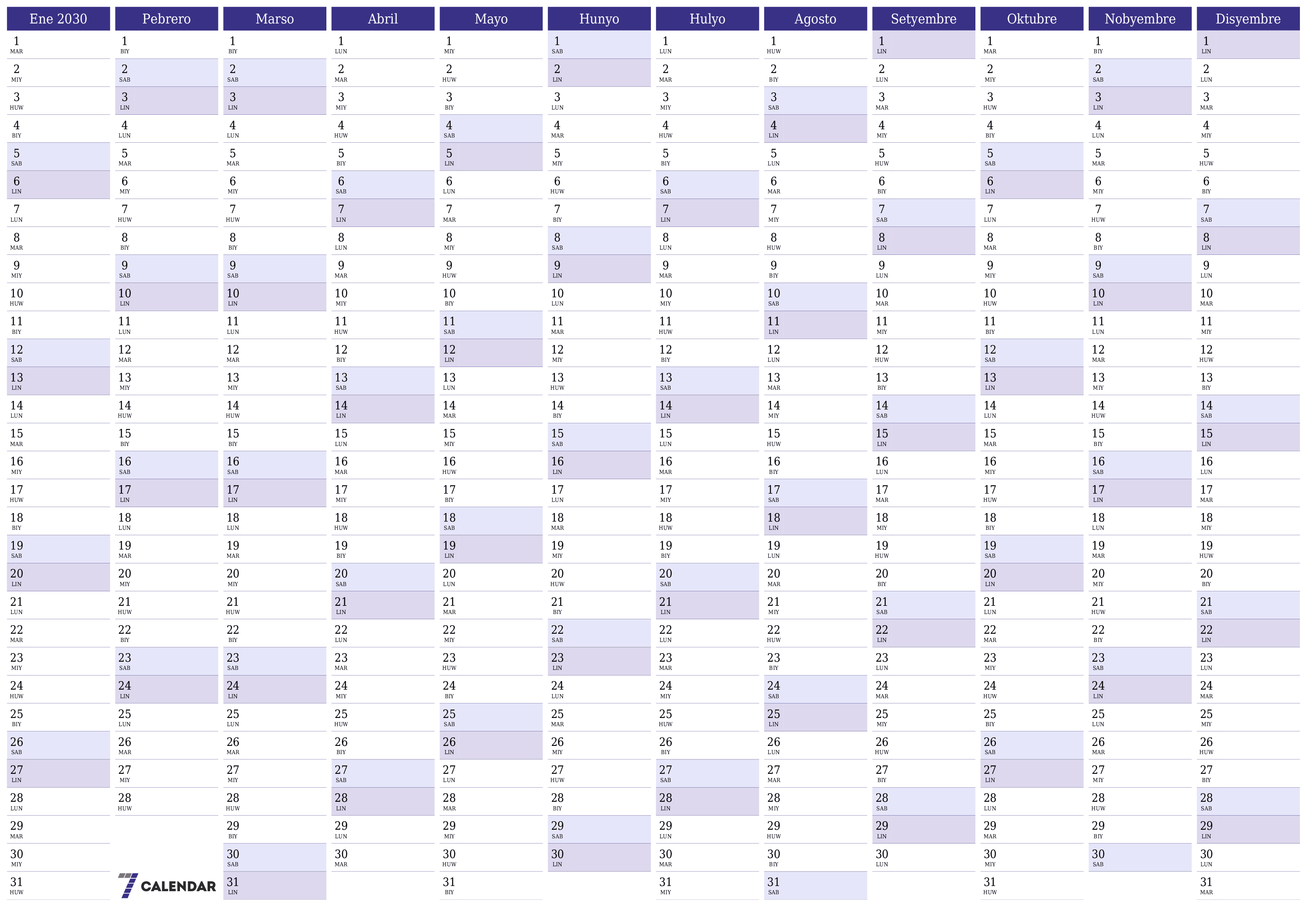 Walang laman ang taunang kalendaryo ng tagaplano para sa taong 2030 na may mga tala, i-save at i-print sa PDF PNG Filipino