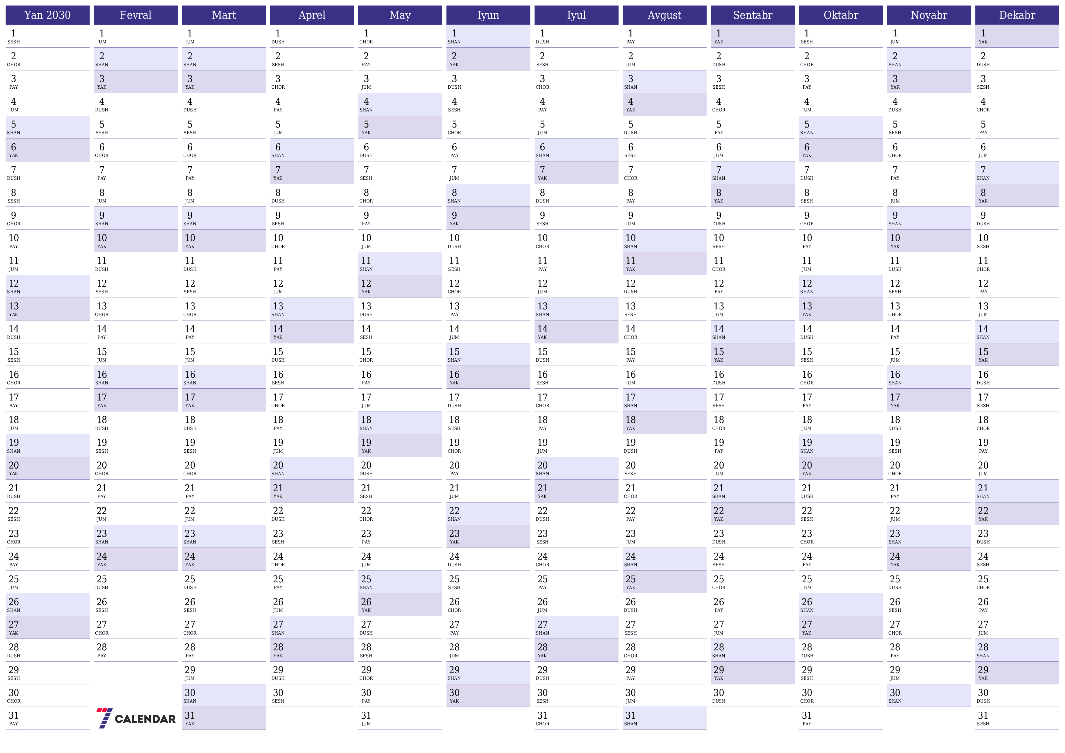 chop etiladigan devor taqvimi shabloni bepul gorizontal Yillik rejalashtiruvchi kalendar May (May) 2030