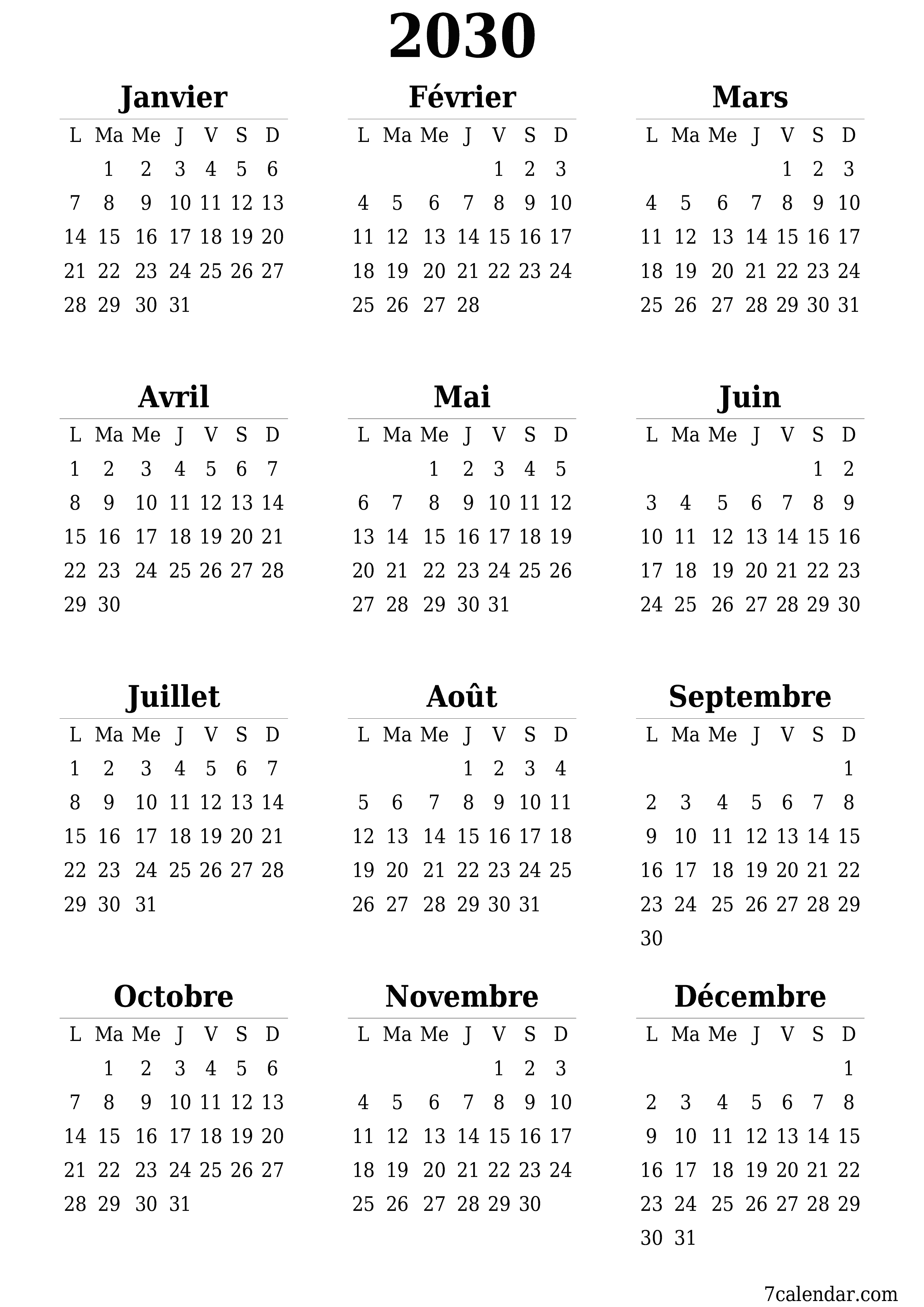 Calendrier annuel vide pour l'année 2030 avec notes, enregistrer et imprimer au format PDF PNG French